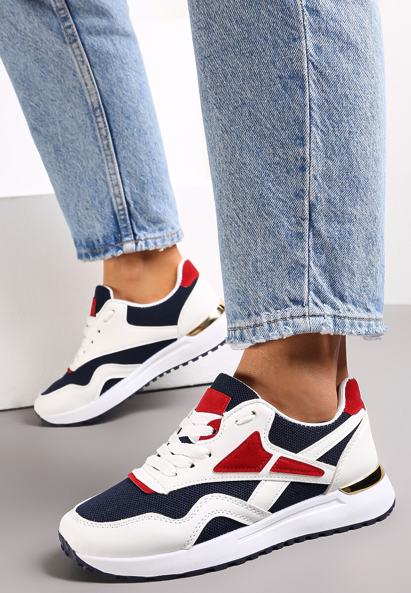 Biało-Granatowe Sznurowane Sneakersy na Płaskiej Podeszwie Salisa