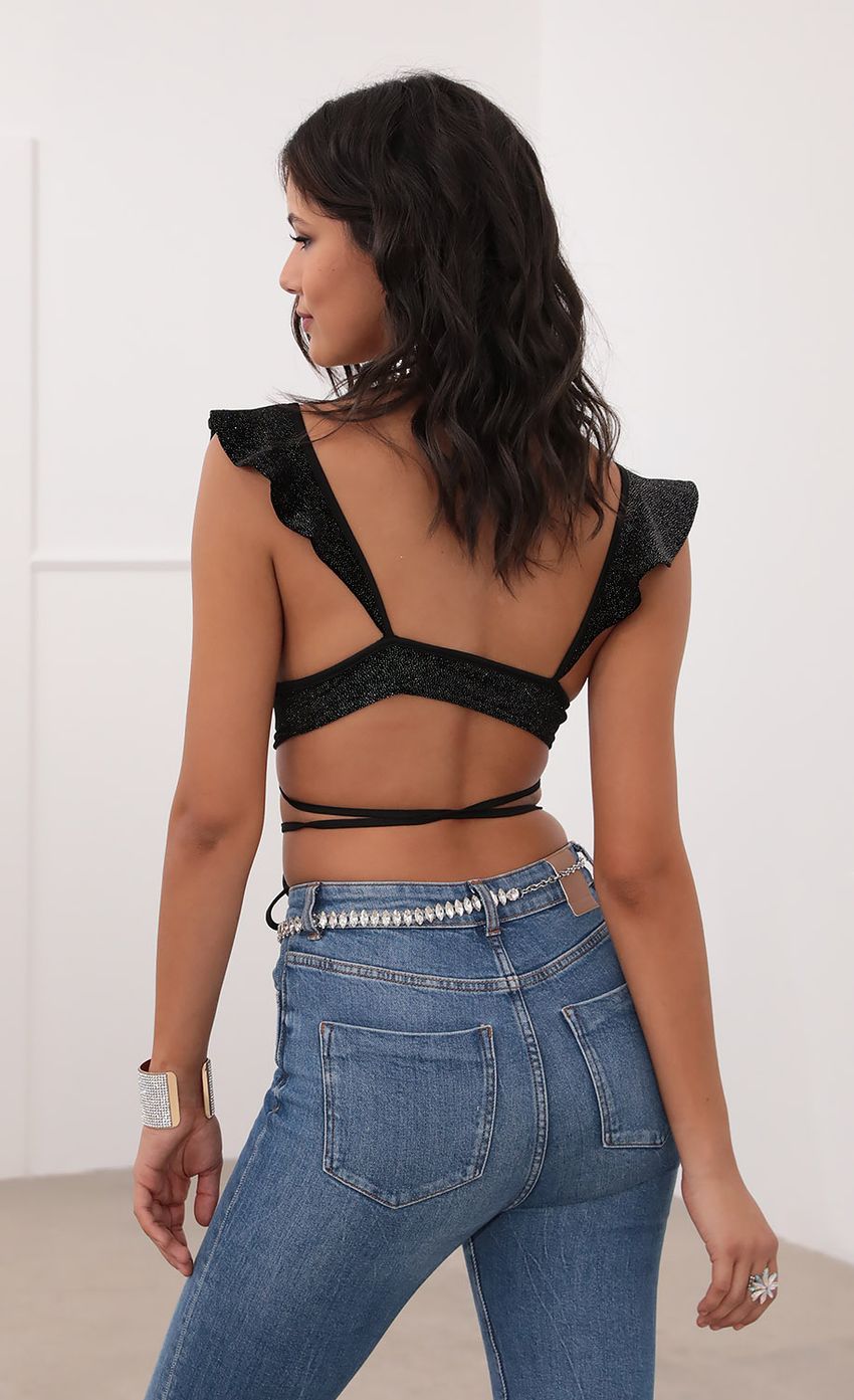 Ruffle Crop Top in Black Velvet