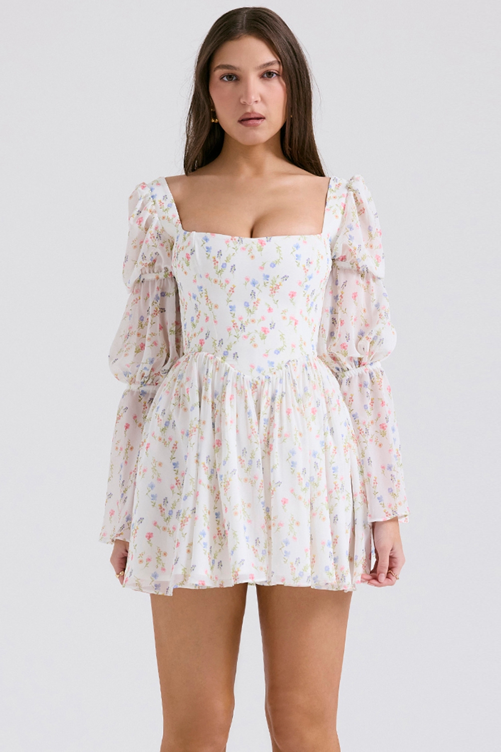 White Posy Print Puff Sleeve Mini Dress