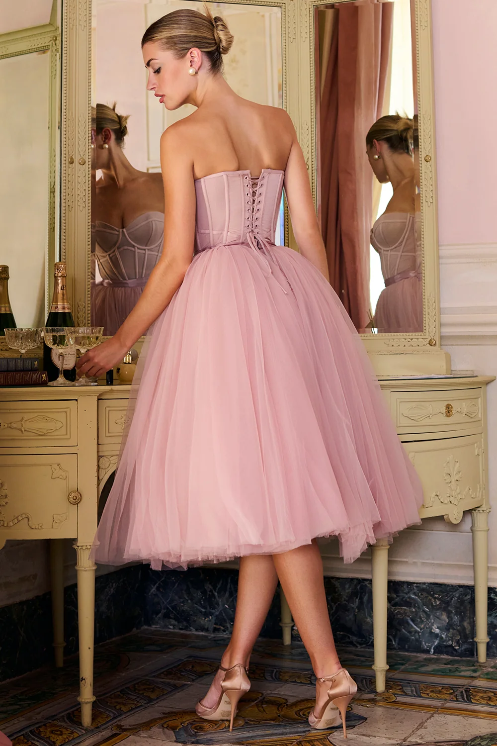 French Rose Tulle Midi Dress