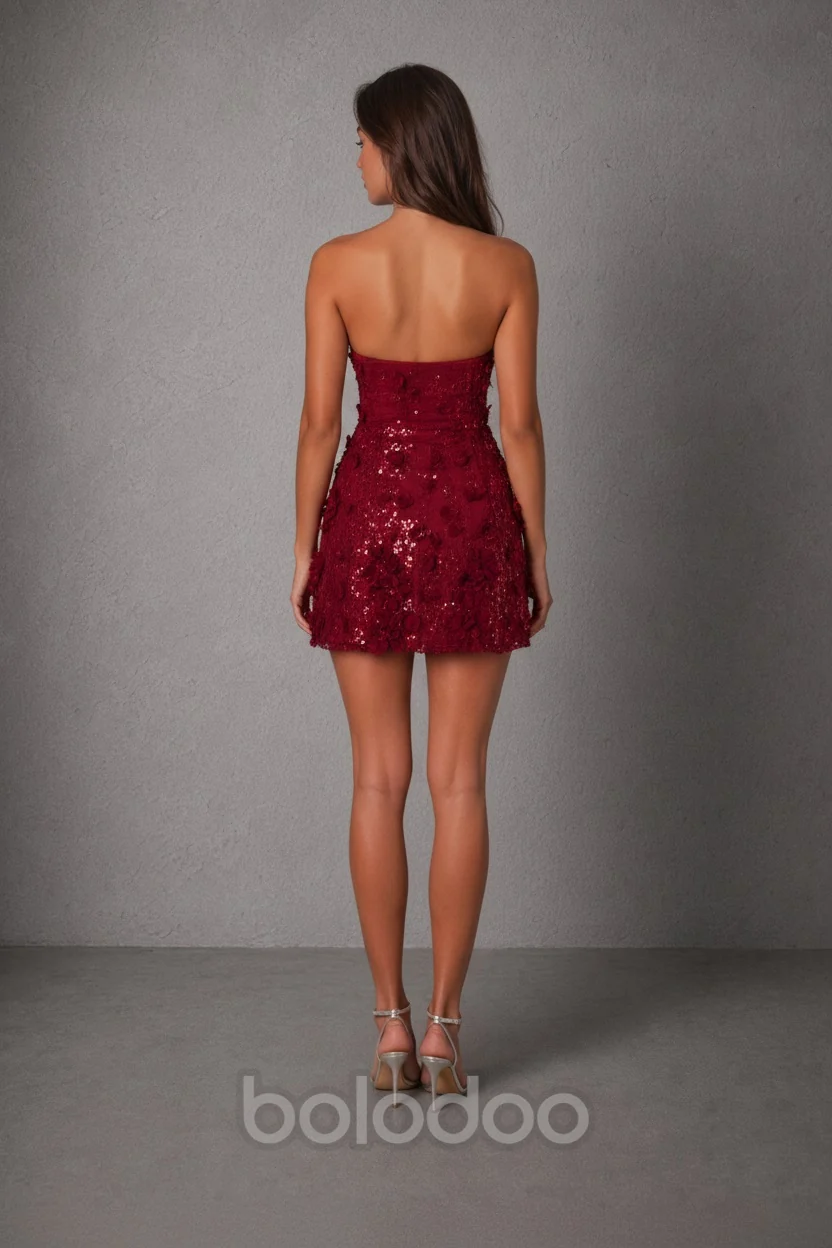 BOLODOO Red 3D Floral Sequin Strapless Mini Dress | Sweetheart Backless Corset Party Dress