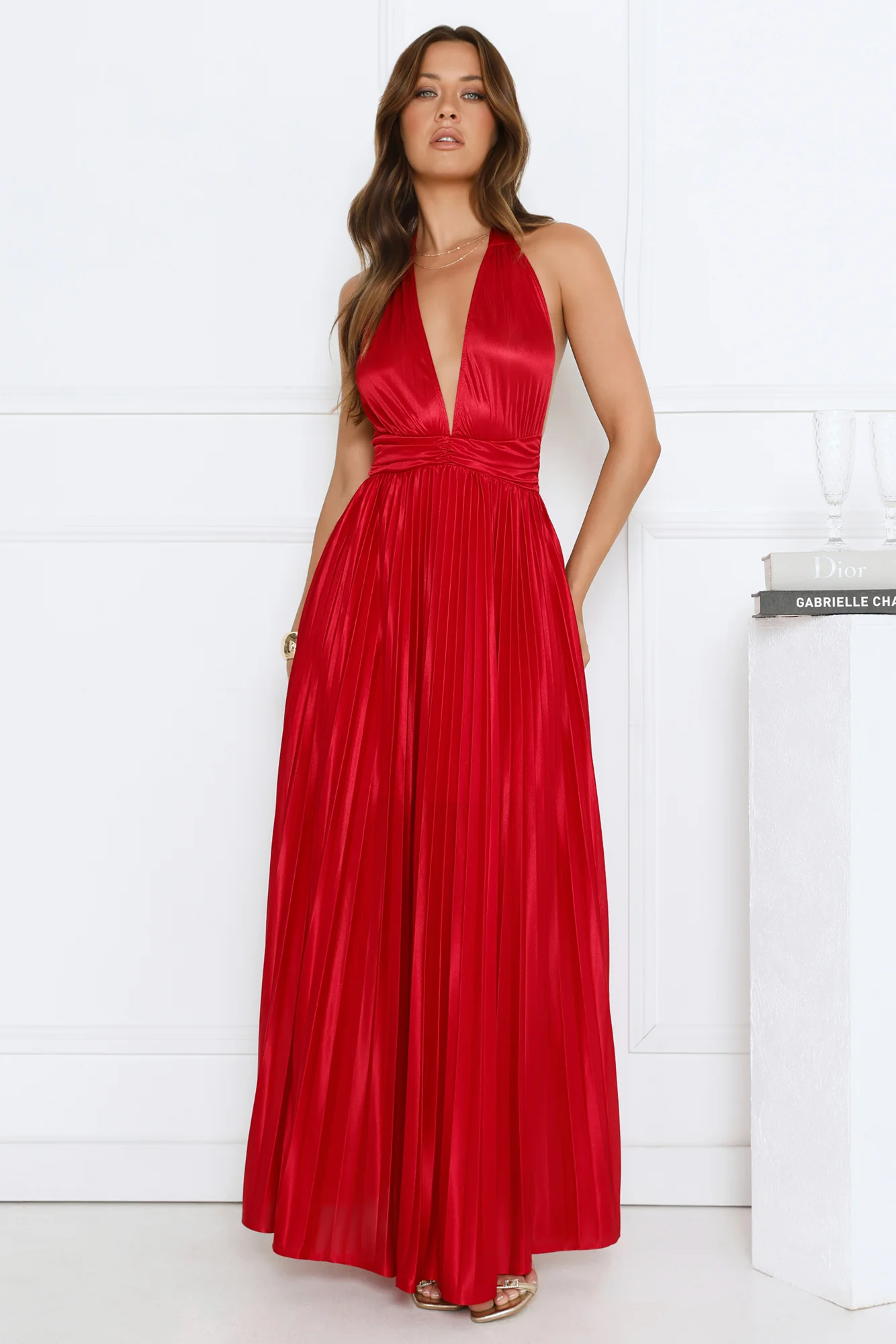 Shimmering Sea Pleated Halter Maxi Dress Red