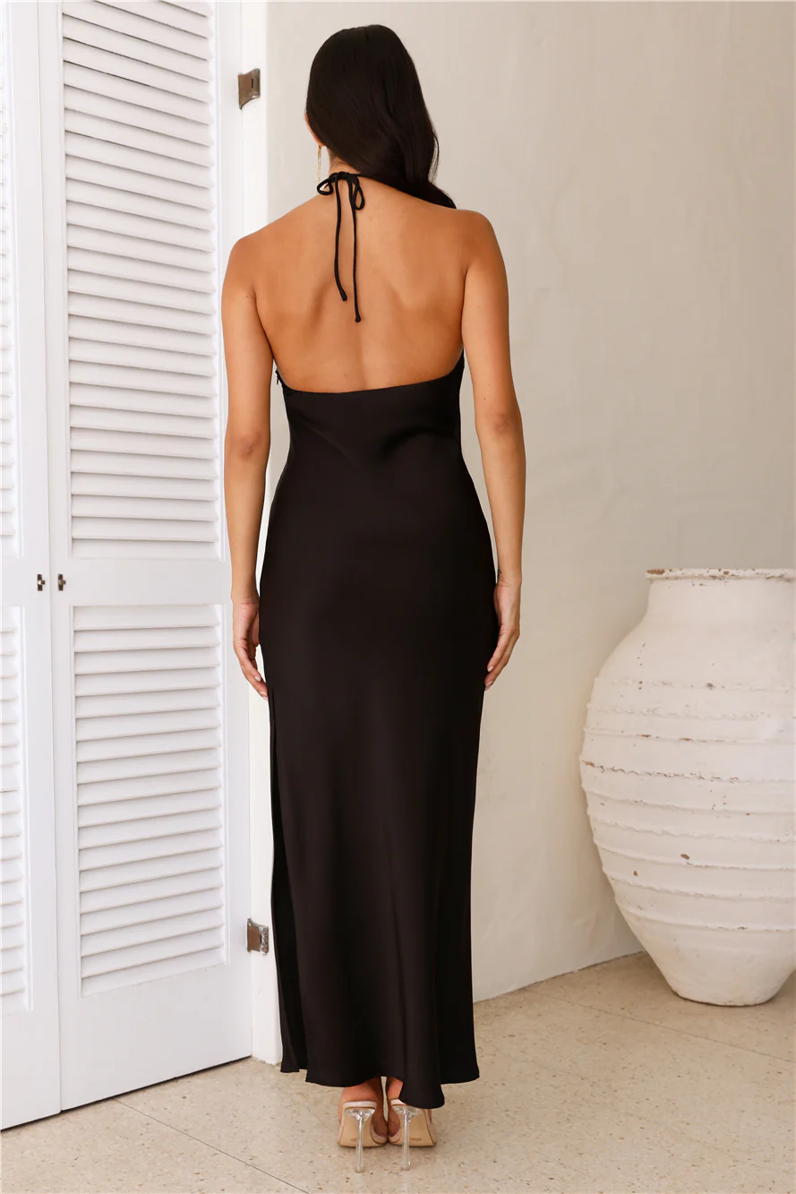 HELLO MOLLY Admired From All Angles Satin Halter Maxi Dress Black