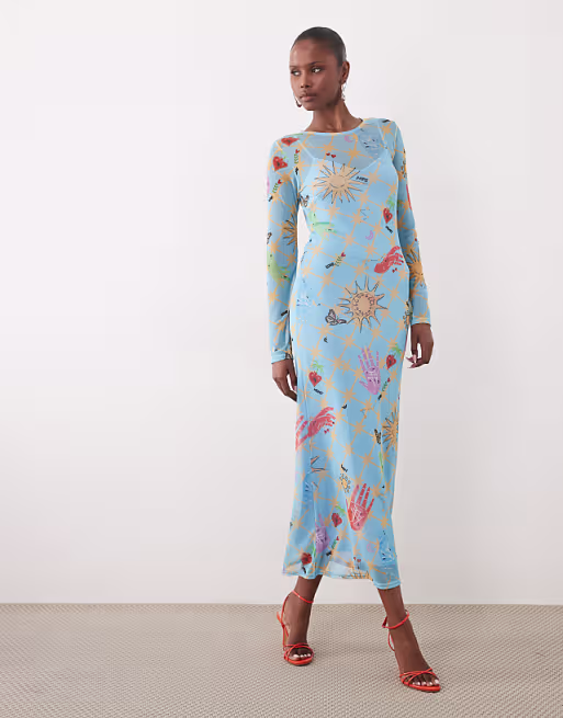 Never Fully Dressed mesh long sleeve midi dress in blue celestial print