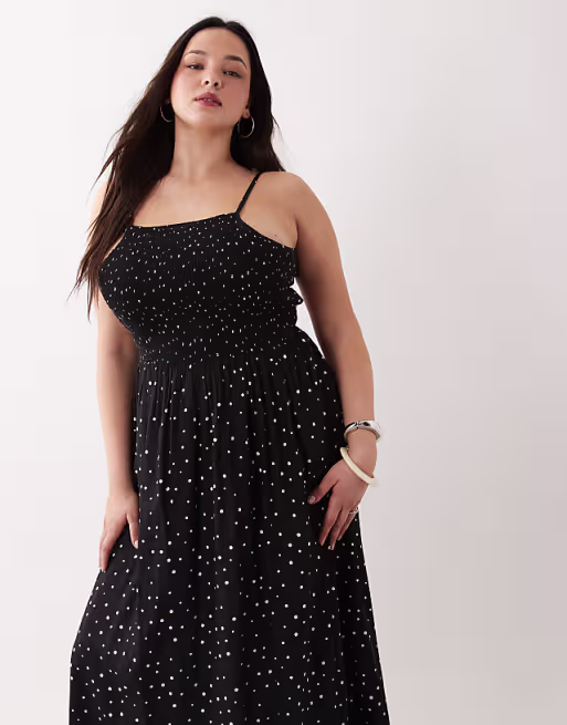 Esmee Curve shirred maxi beach dress in black & white polka dot