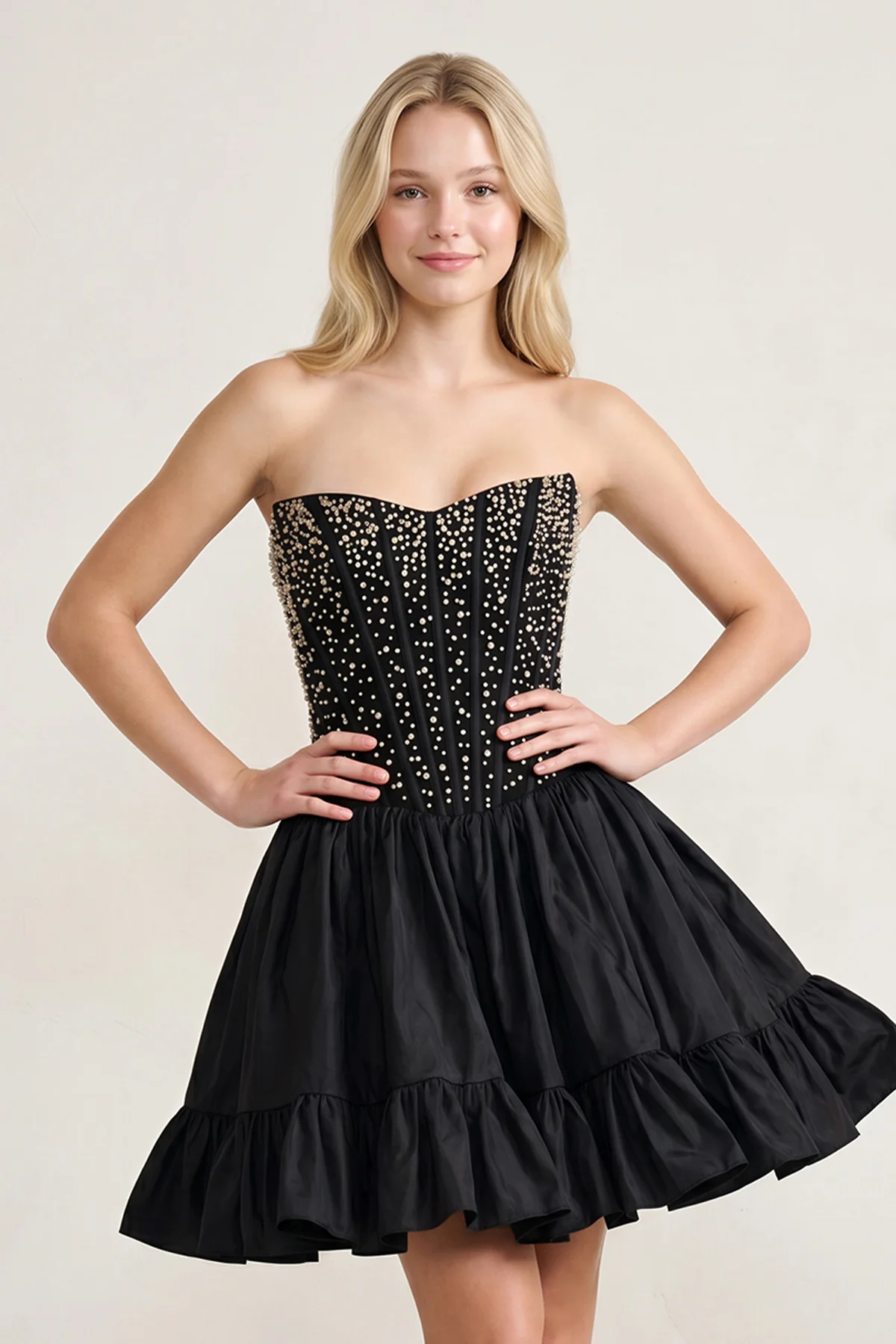 Pink Strapless A Line Satin Ruffles Homecoming Dresses With Pearls