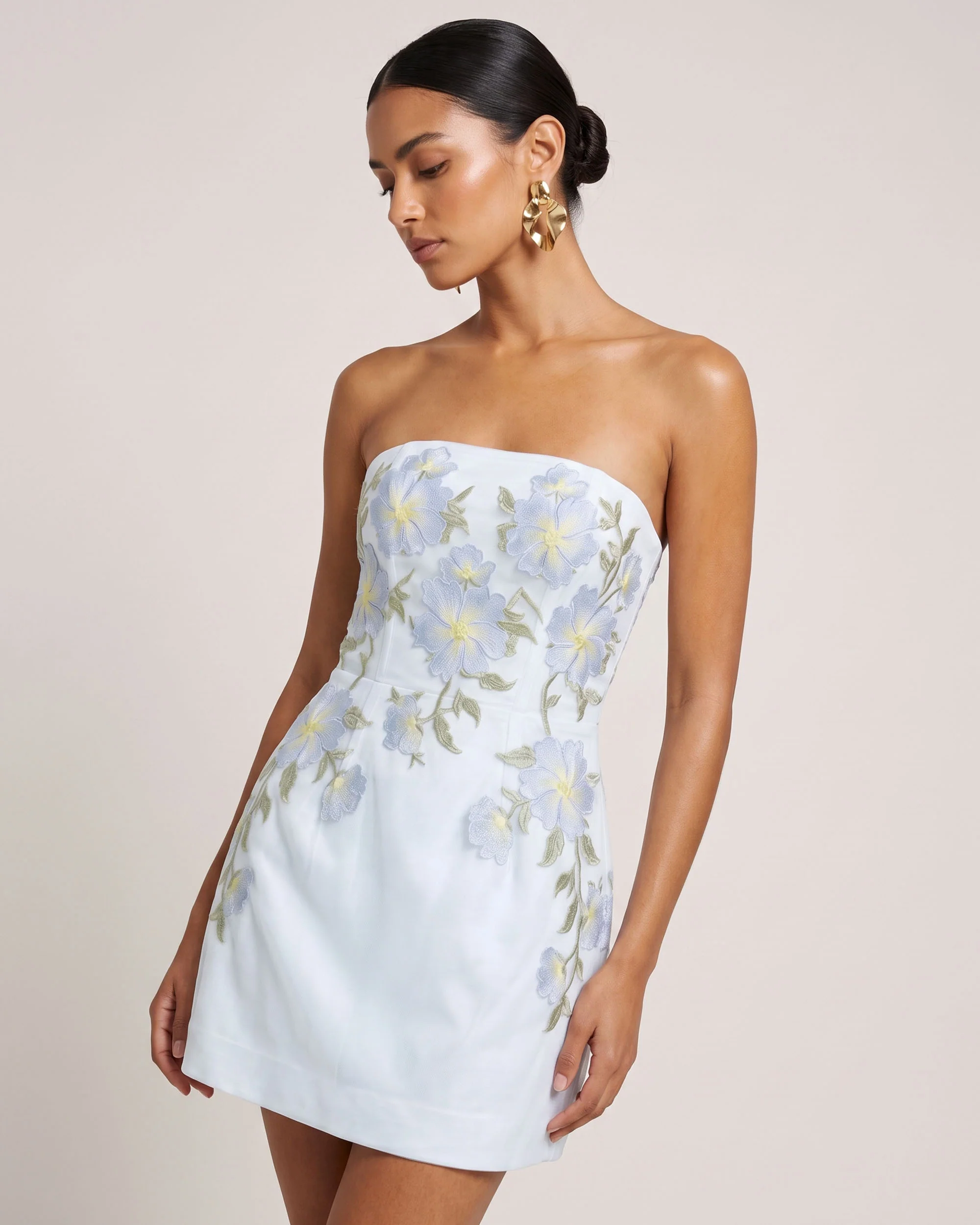 Floral Embroidered Strapless Corset Mini Dress - Light Blue - FASHION NOB