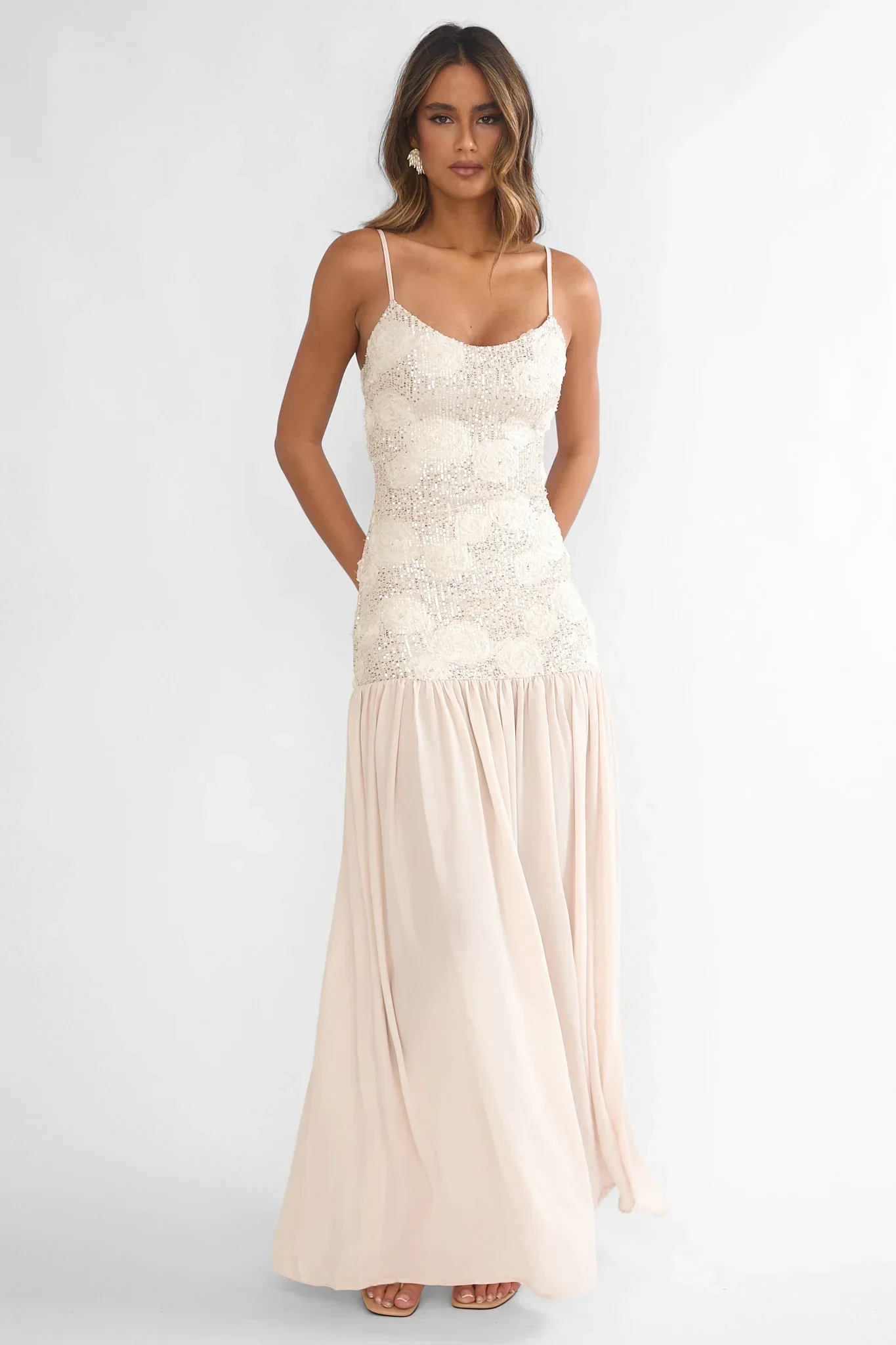 Opheliane Drop Waist Sequin Maxi Dress Champagne