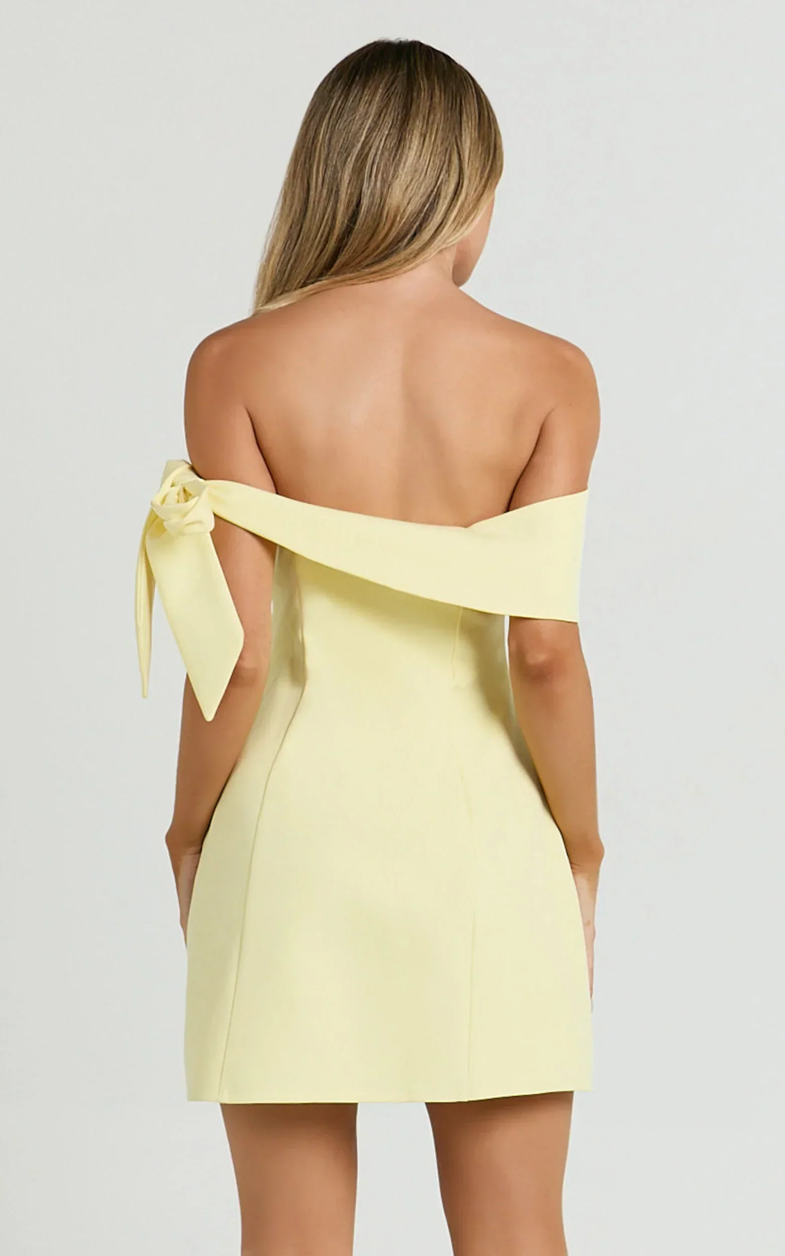 Cecilia Mini Dress Off Shoulder Tie Detail Dress in Lemon