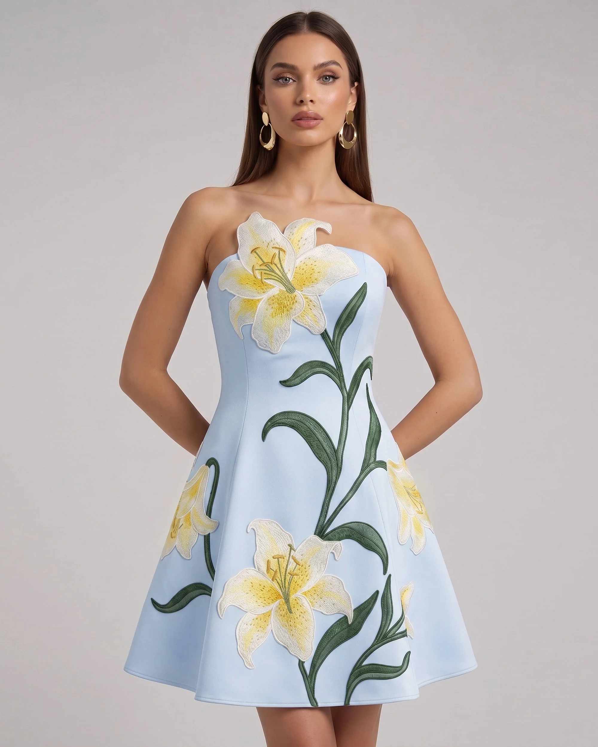Lily Floral Print Strapless A-Line Mini Dress - Light Blue