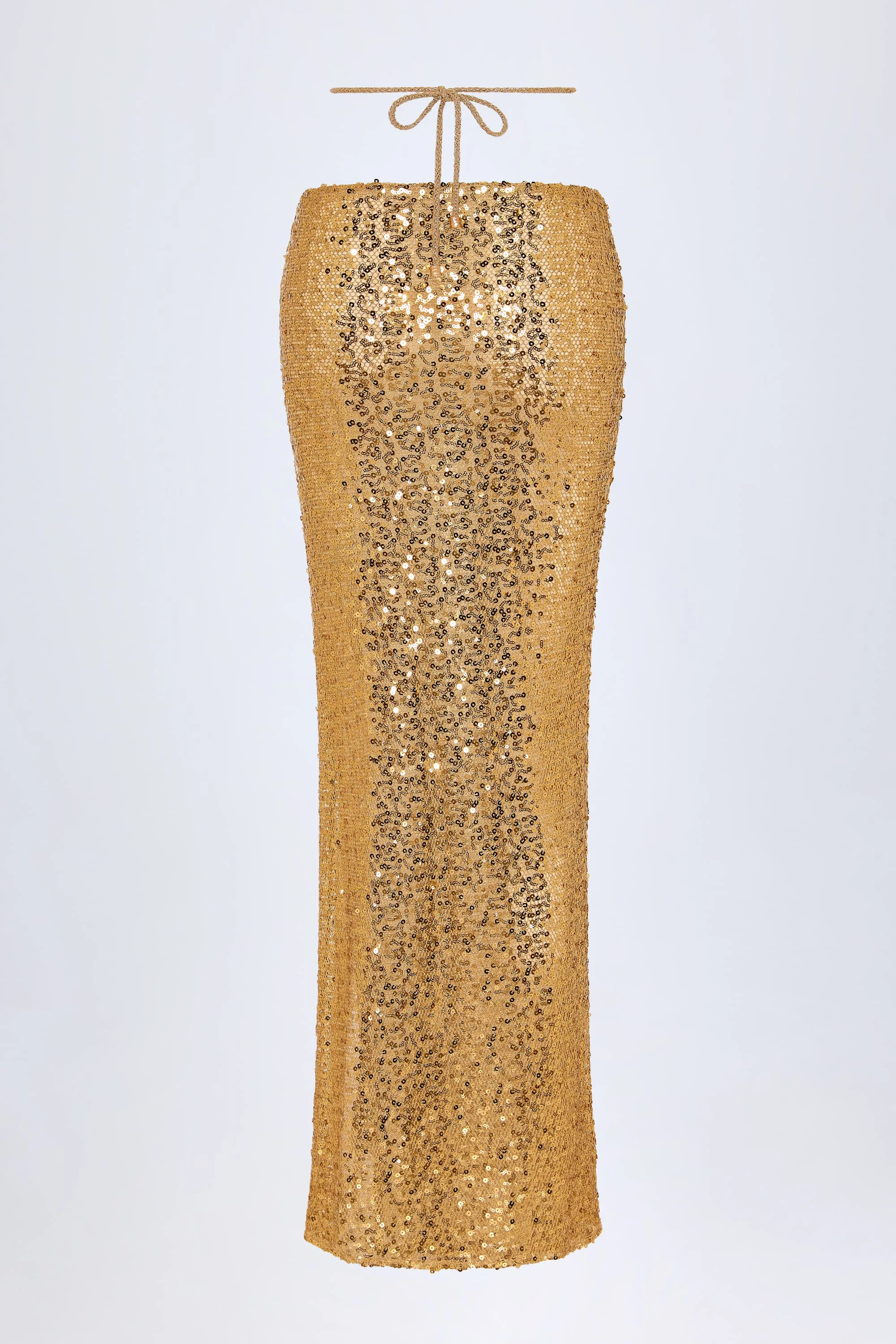 Embellished Hardware-Detail Strappy Maxi Skirt in Gold