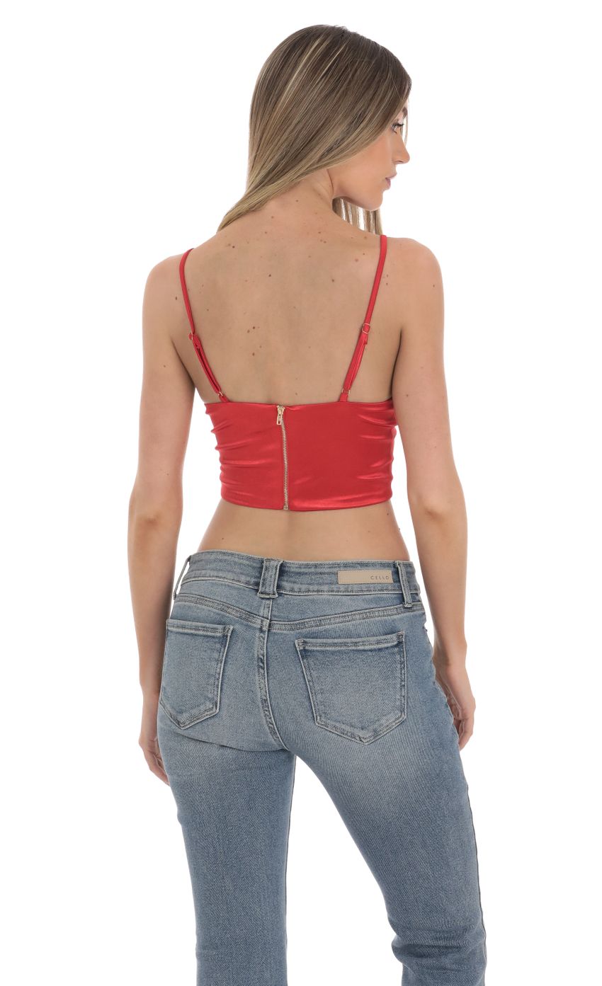 Satin V-Neck Crop Top in Red