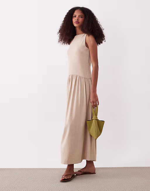 rib knit mixed fabrics midi dress with dropped waist in oatmeal