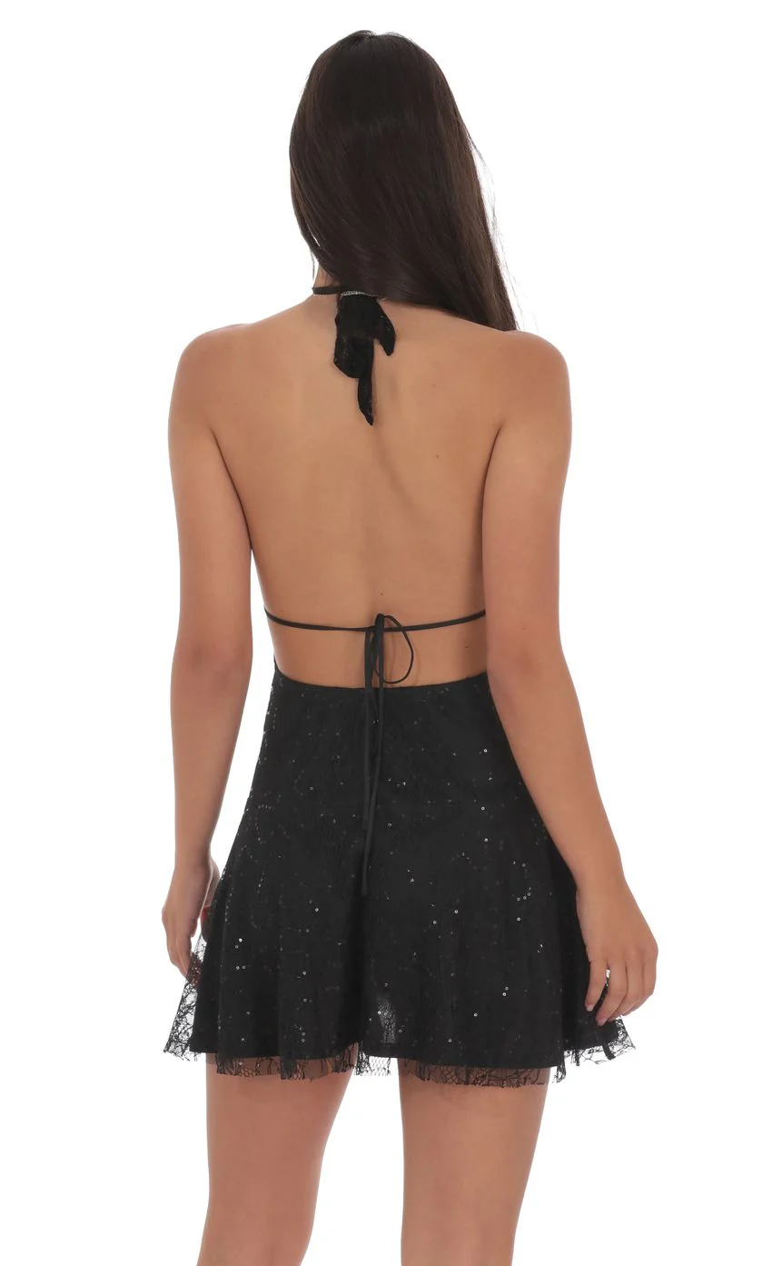 Lace Sequin Plunge Neck Dress in Black
