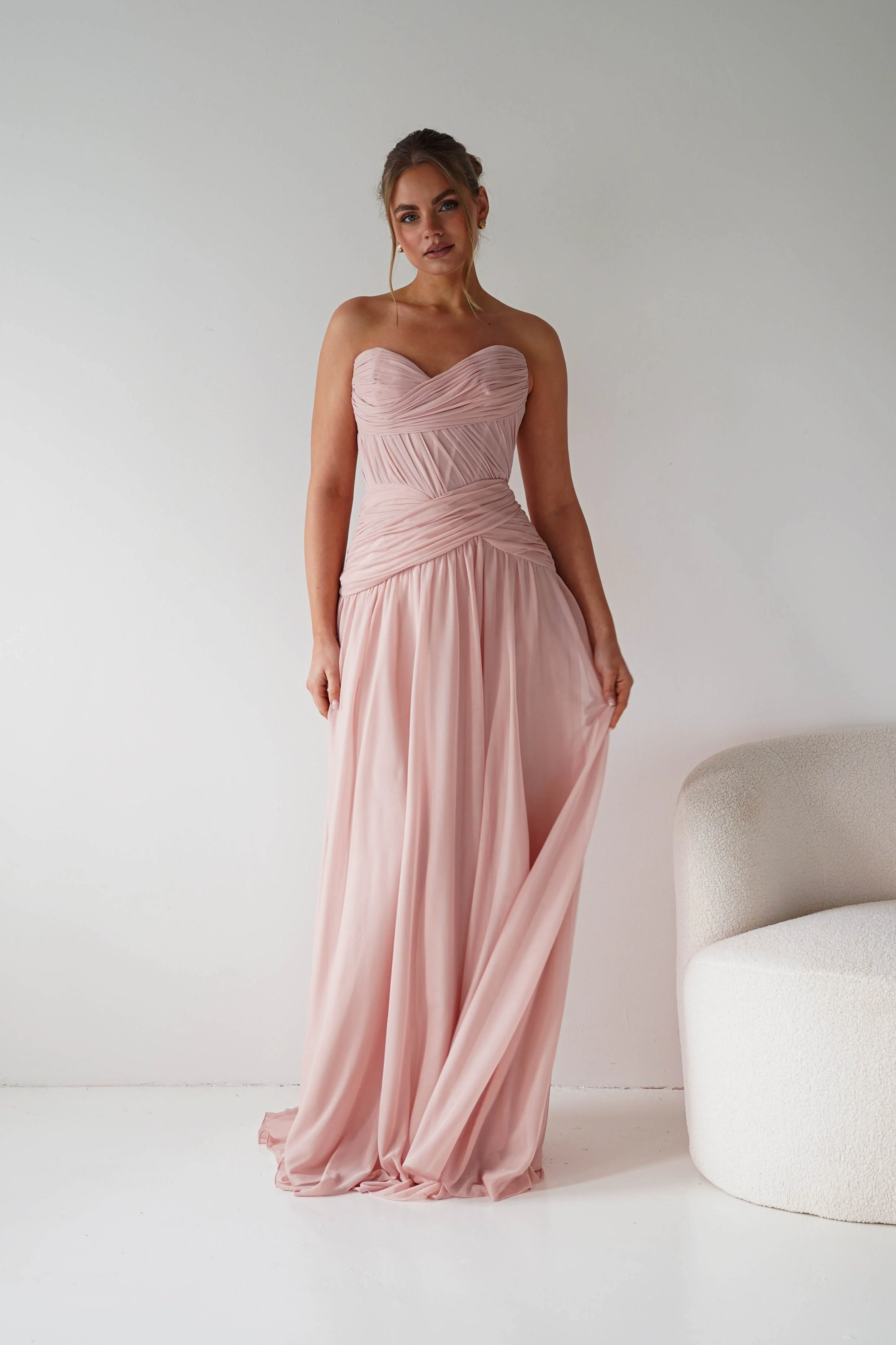 Nicolette Strapless Chiffon Maxi Gown | Blush