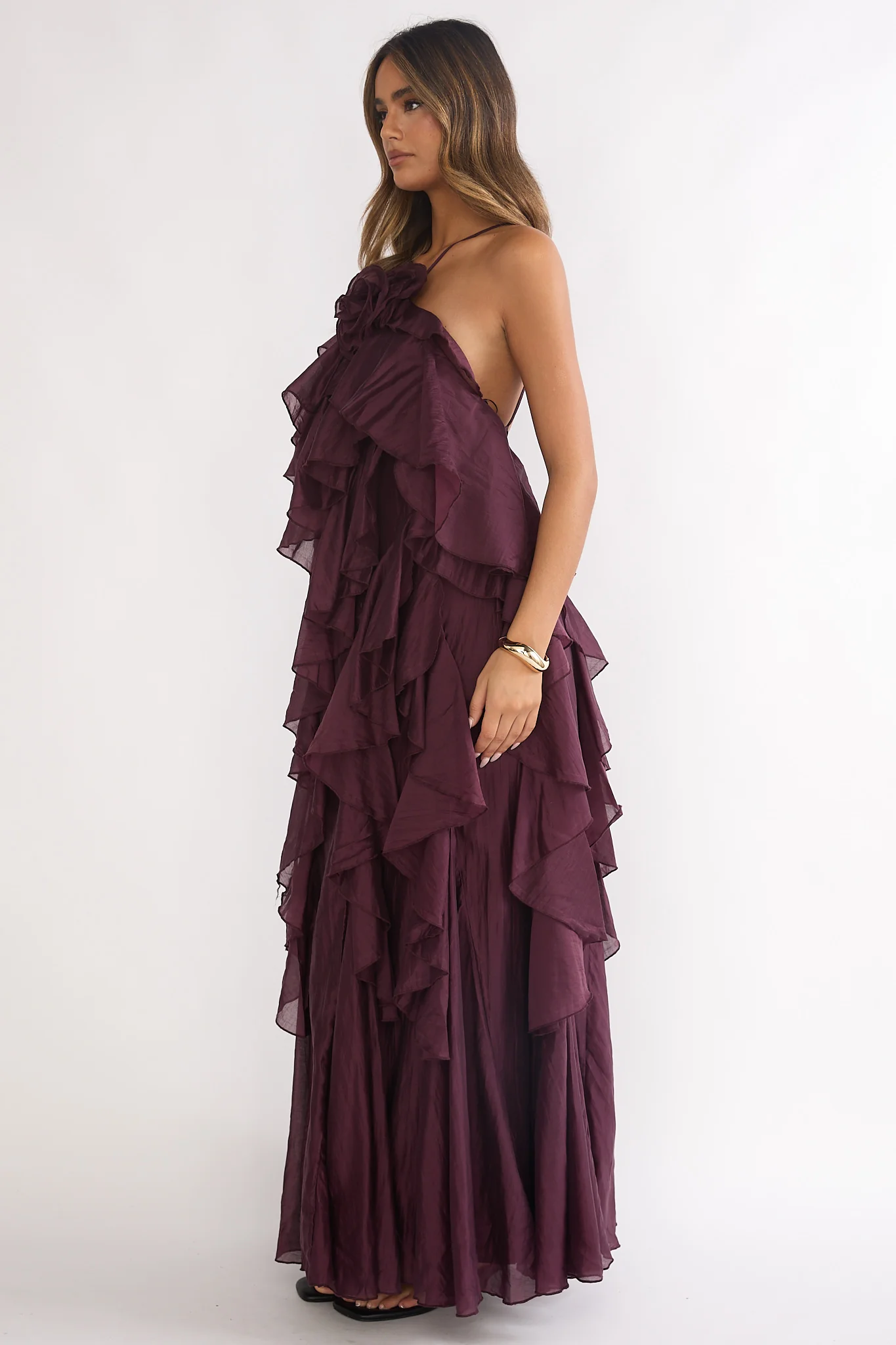 Secret Rendezvous Layered Ruffle Maxi Dress Maroon - luluinthesky