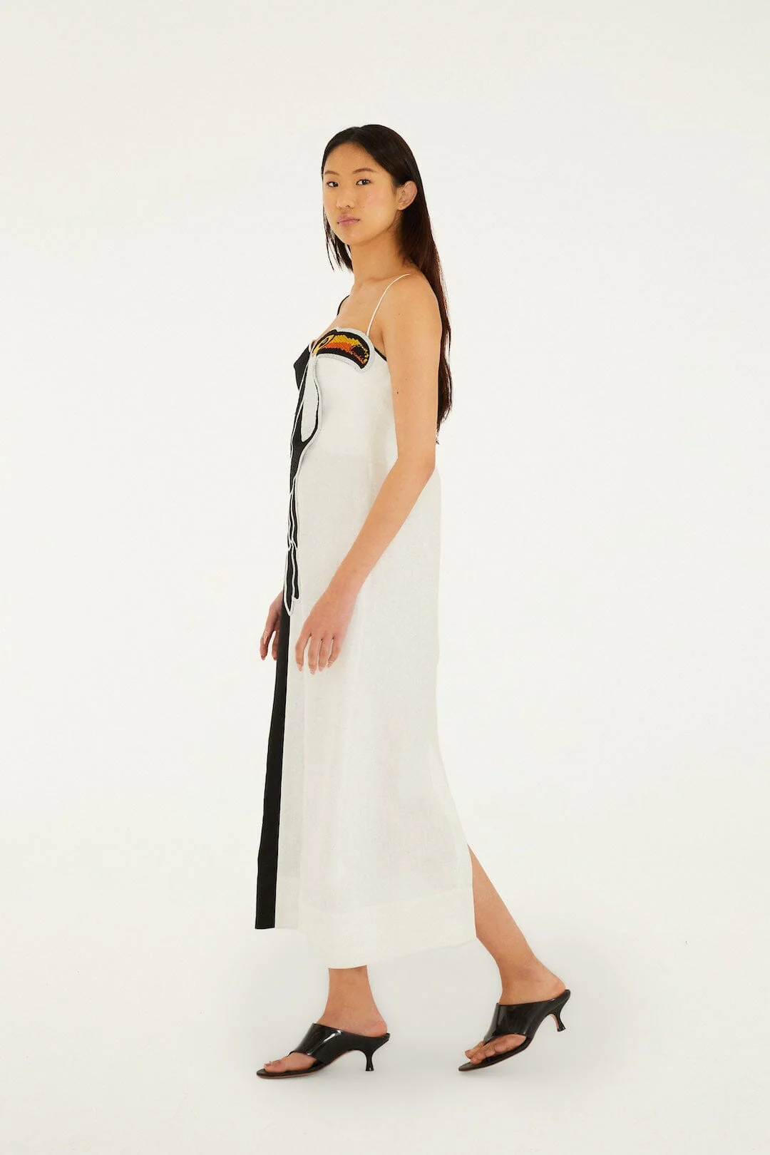 Black And White Embroidered Toucan Sleeveless Maxi Dress