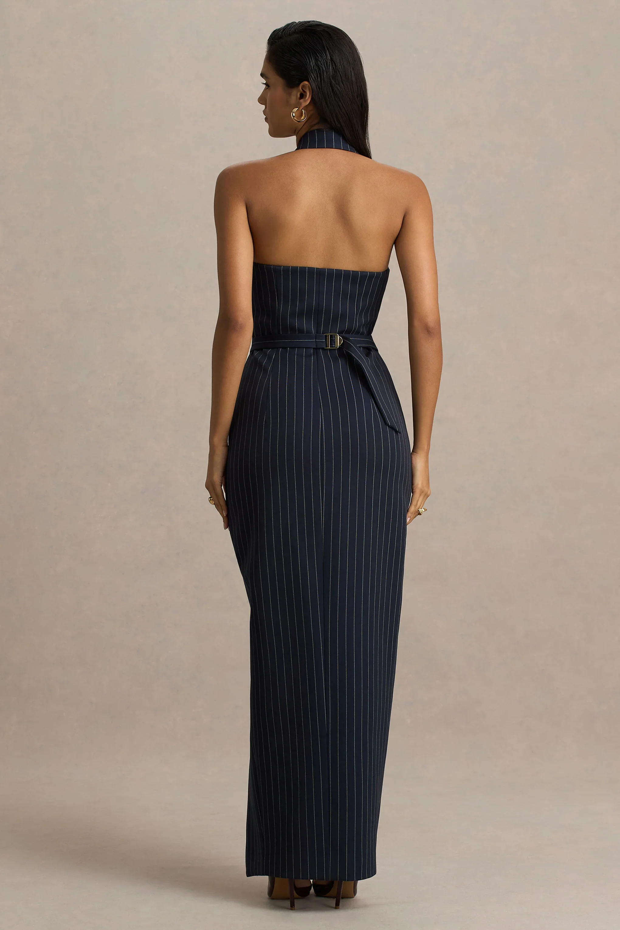 Eve | Navy Pinstripe Plunge-Neckline Tailored Maxi Dress