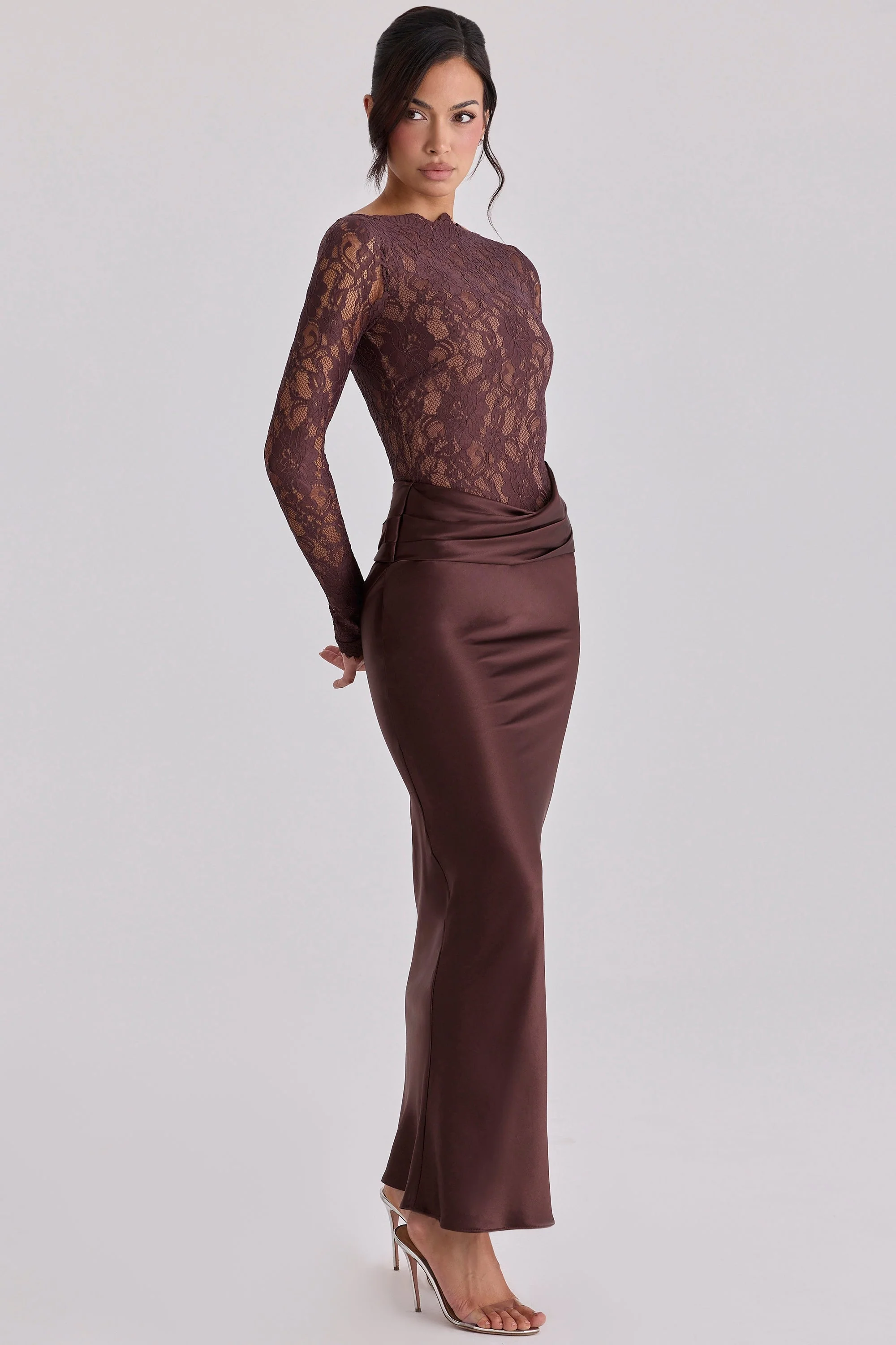 espresso brown lace + satin draped maxi dress