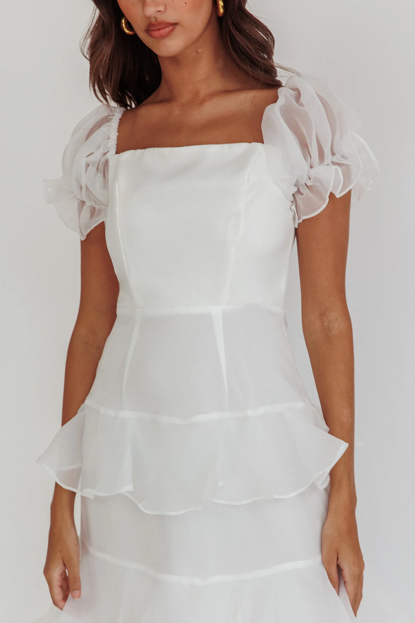 Delwynn Puff Sleeve Layered Midi Dress White