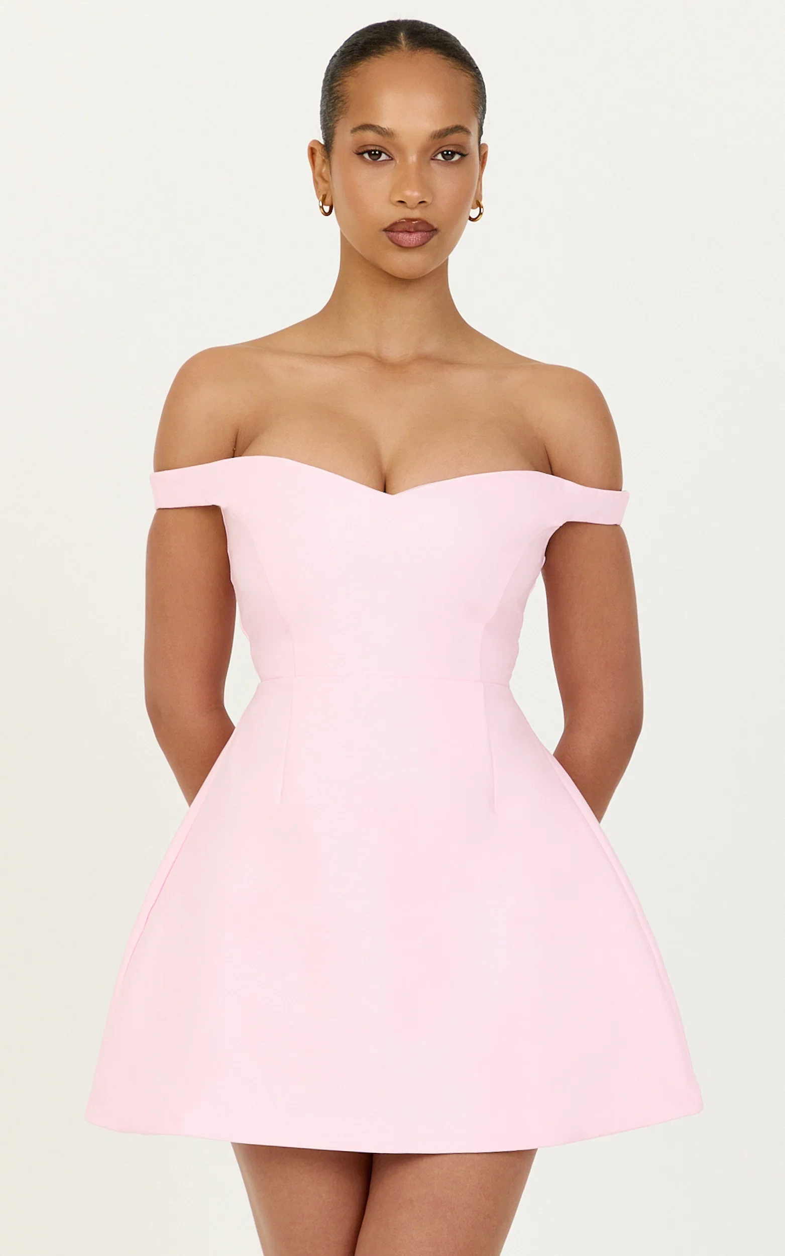 Holly Mini Dress - Off The Shoulder Sweetheart Neck Tulip Skirt Dress in Pink