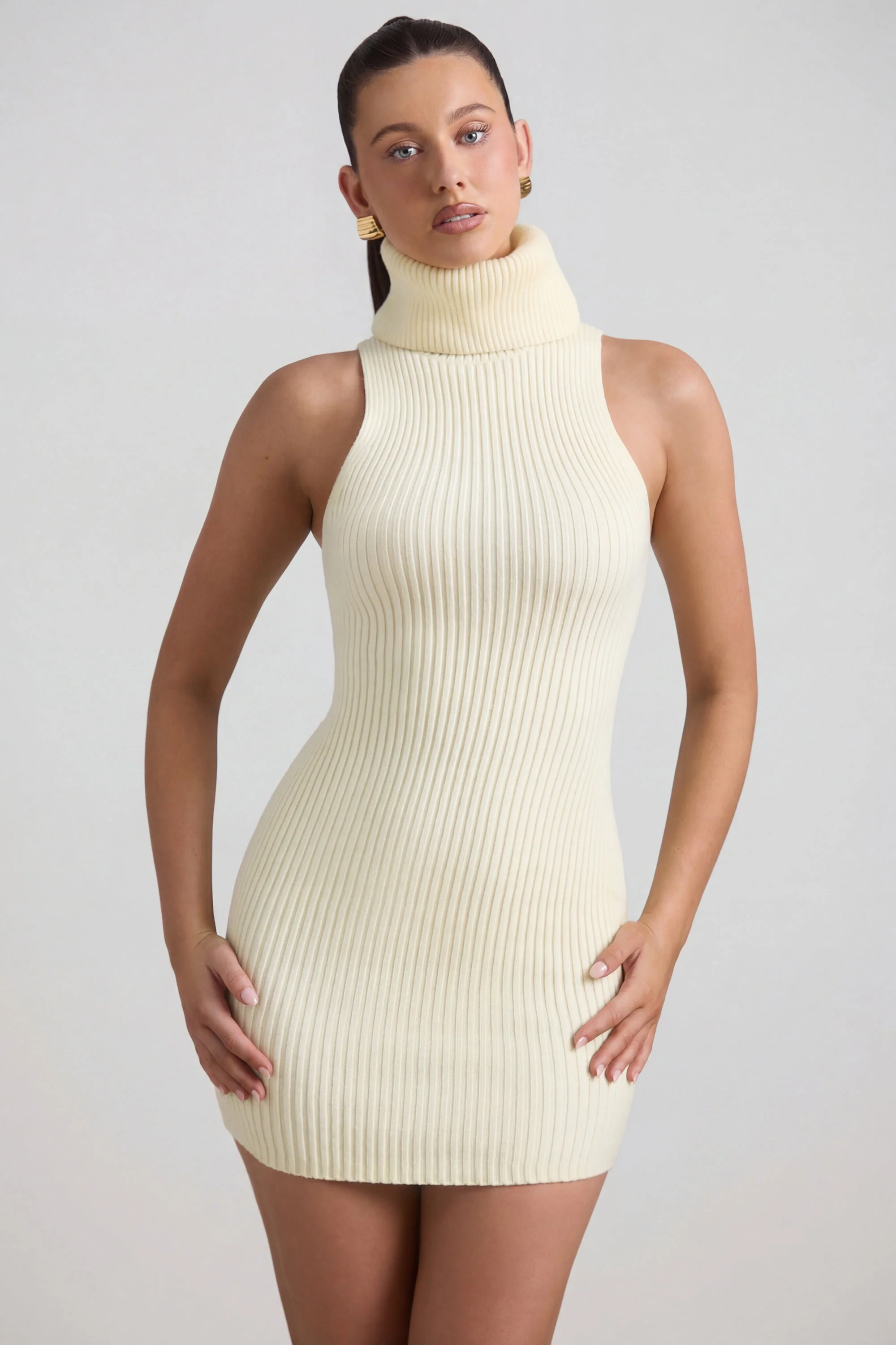 Ribbed-Knit Turtleneck Mini Dress in Butter Yellow