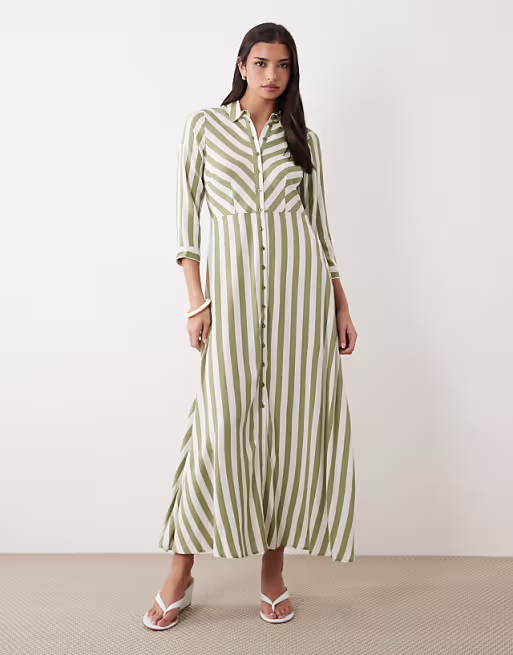 YAS maxi shirt dress in white and oil green stripes