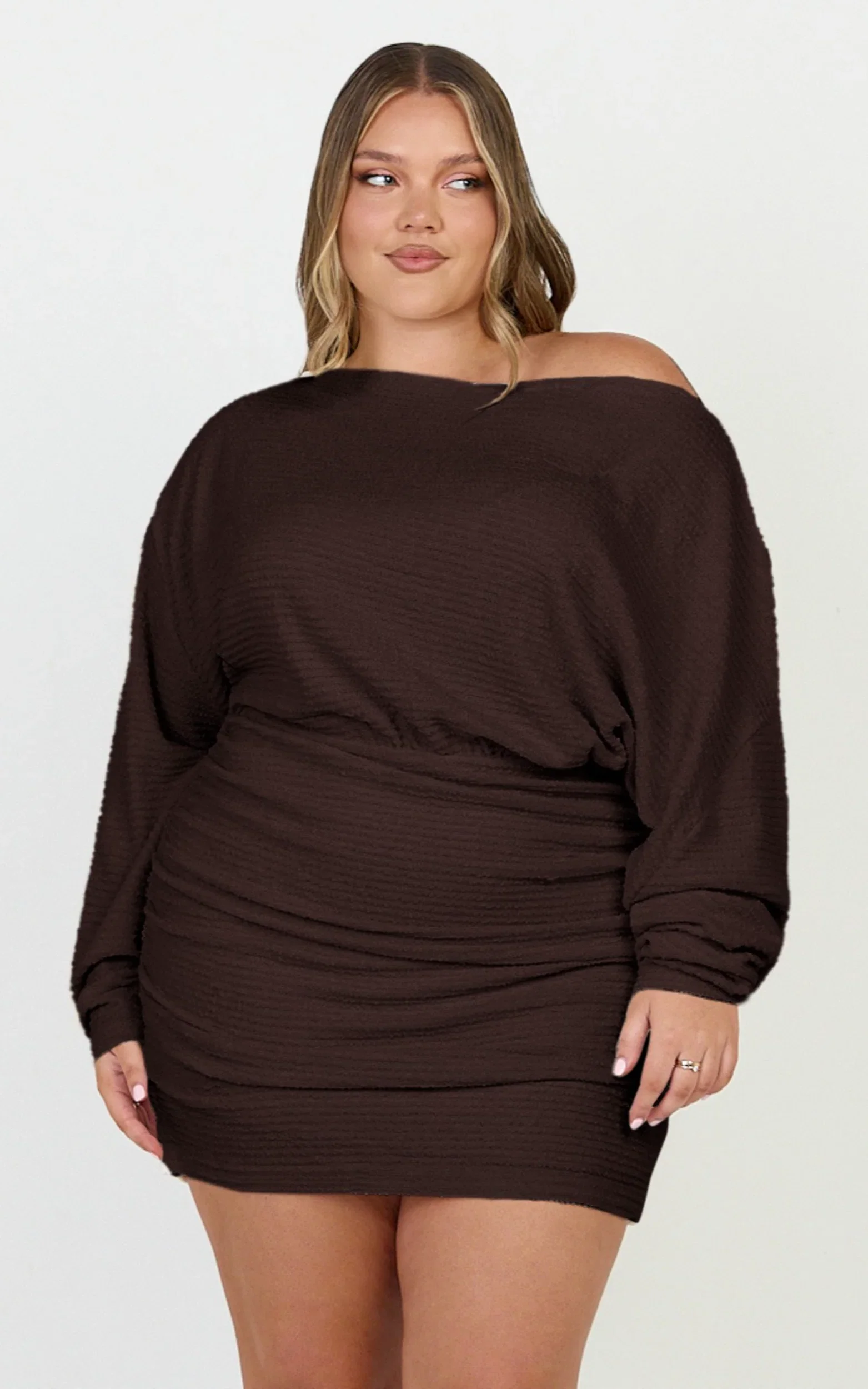 Alyce Mini Dress - Long Sleeve One Shoulder Dress in Chocolate