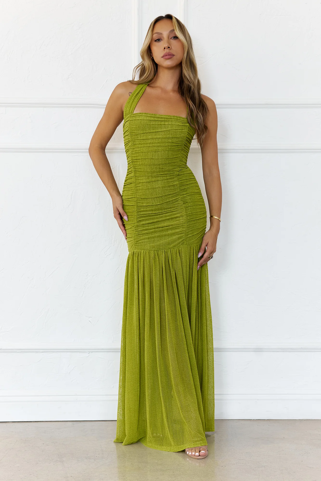 Evelyn Luxe Mesh Halter Maxi Dress Olive