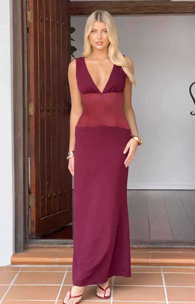 Lara Burgundy Contrast Satin Maxi Dress