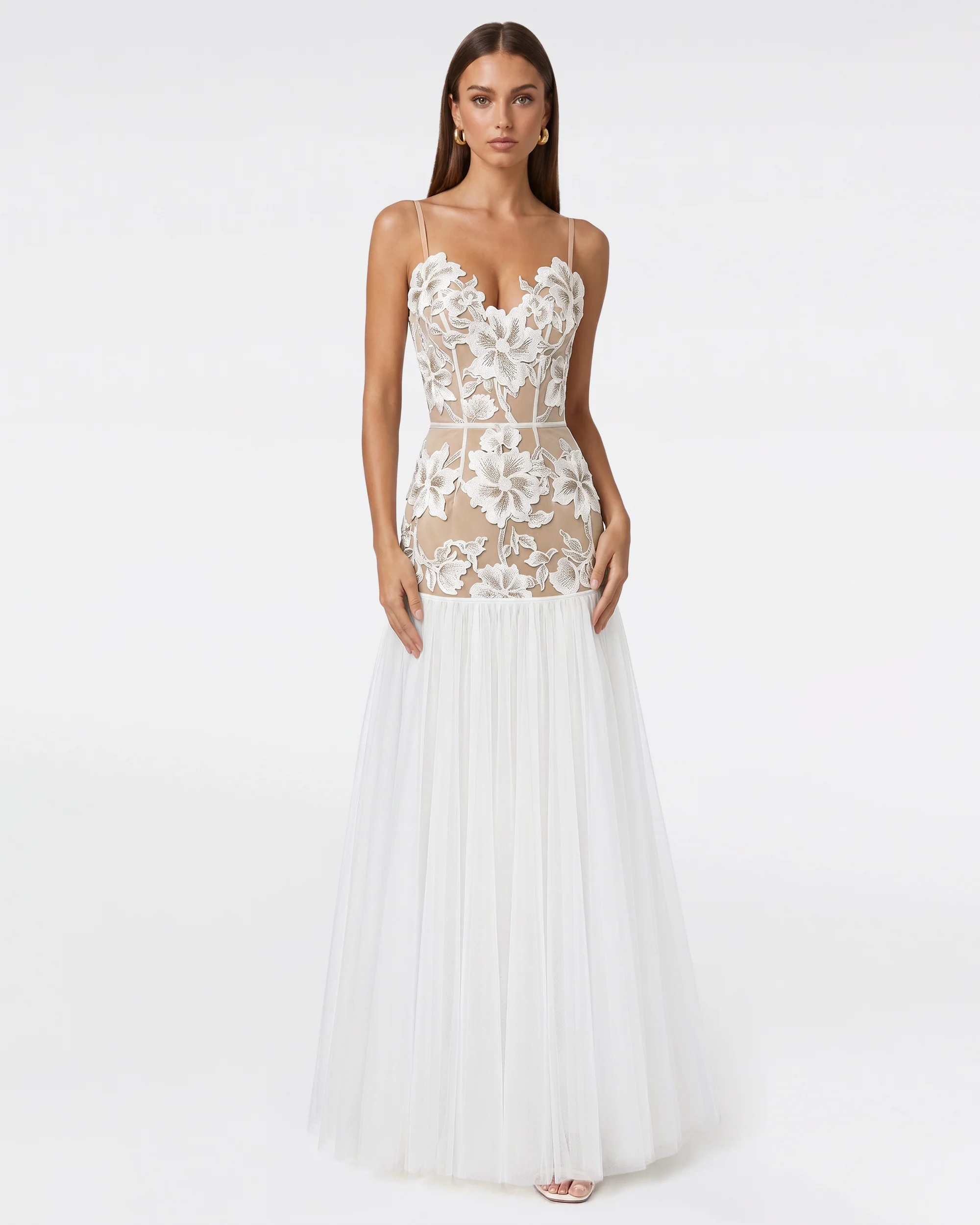 Floral Appliqué Sheer Tulle Maxi Dress - White