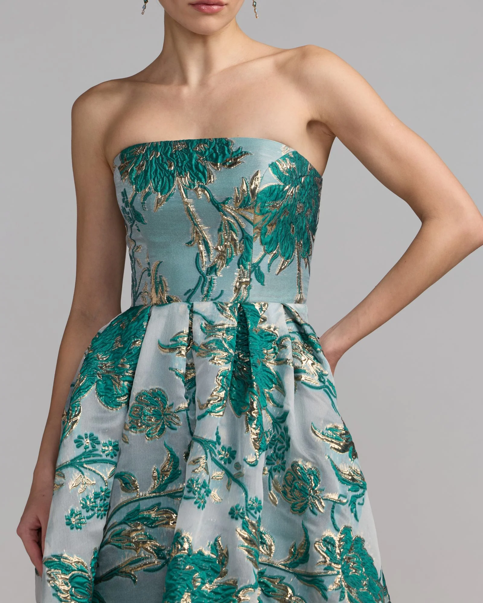 Teal Strapless Brocade Midi Dress with Pockets