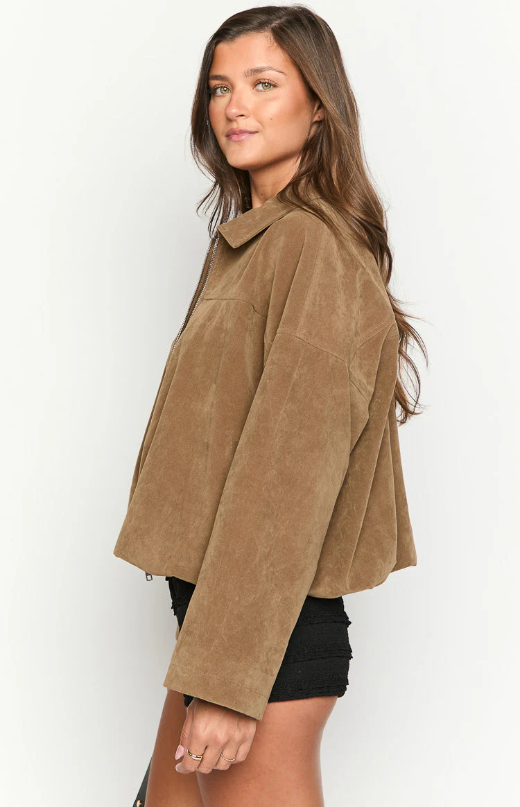 River Brown Suede Bubble Hem Bomber Jacket