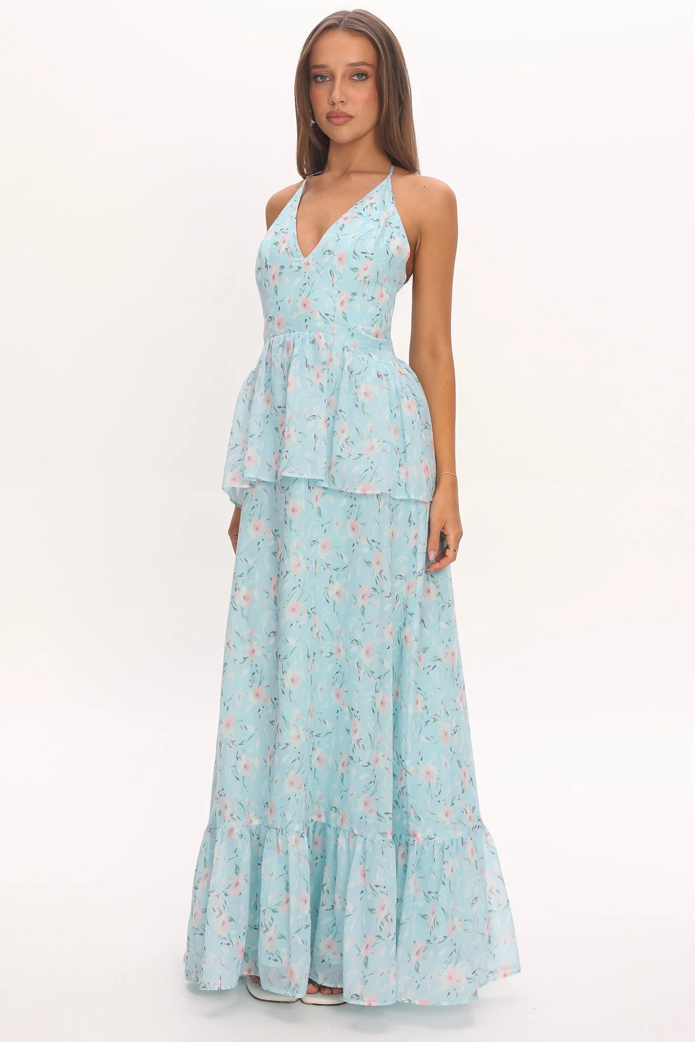 Whispering Petals Peplum Maxi Dress Baby Blue