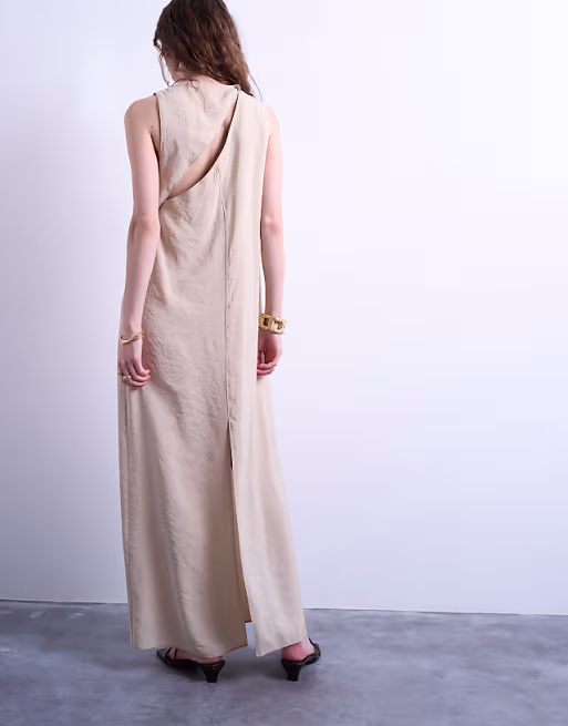 Topshop high neck open back throw-on cupro midi dress in buttermilk