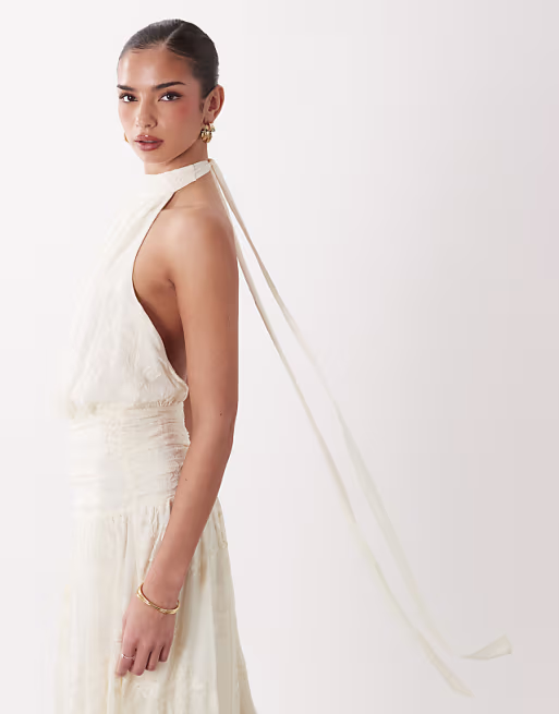 Gina Tricot embroidery maxi dress with open back detail in cream