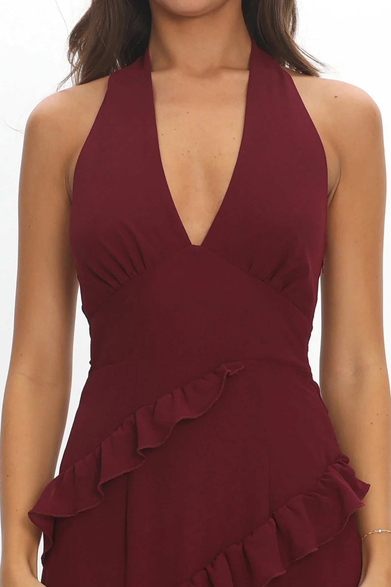 Flirt Frill Trim Halter Maxi Dress Wine