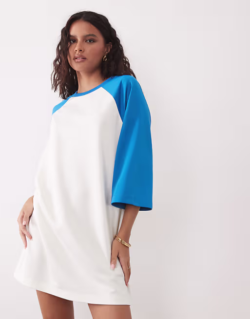 tricot contrast raglan sleeve mini T-shirt dress in bright blue and white