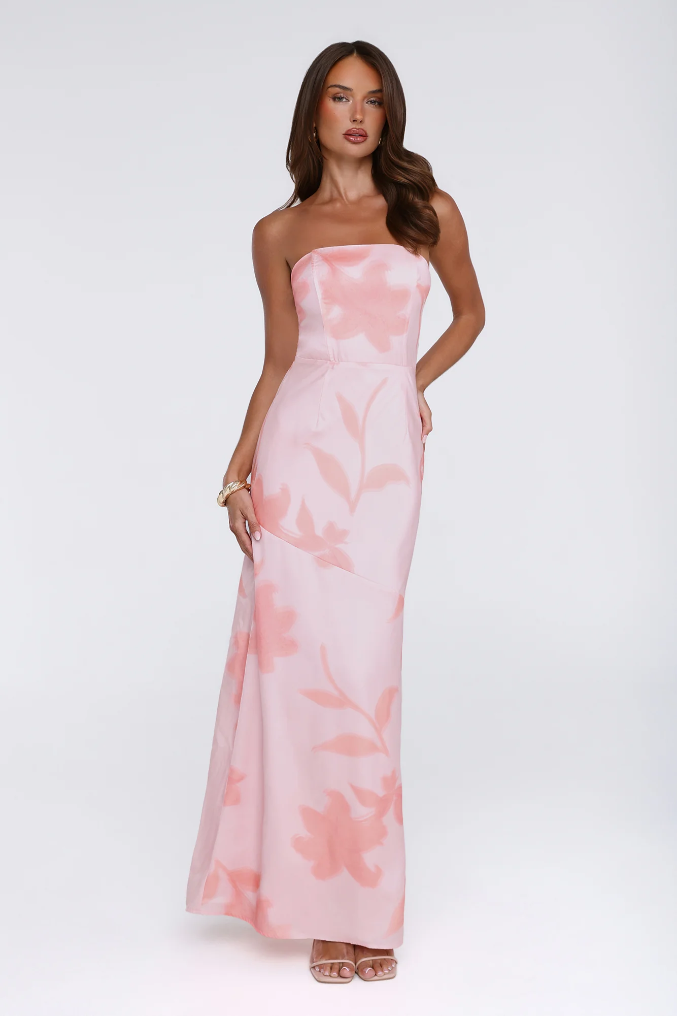 Warm Waves Strapless Satin Maxi Dress Peach Floral Print