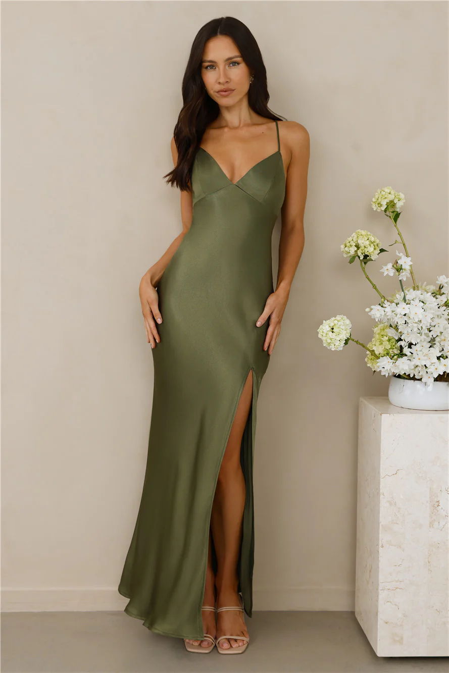 The Sophia Satin Maxi Dress Olive