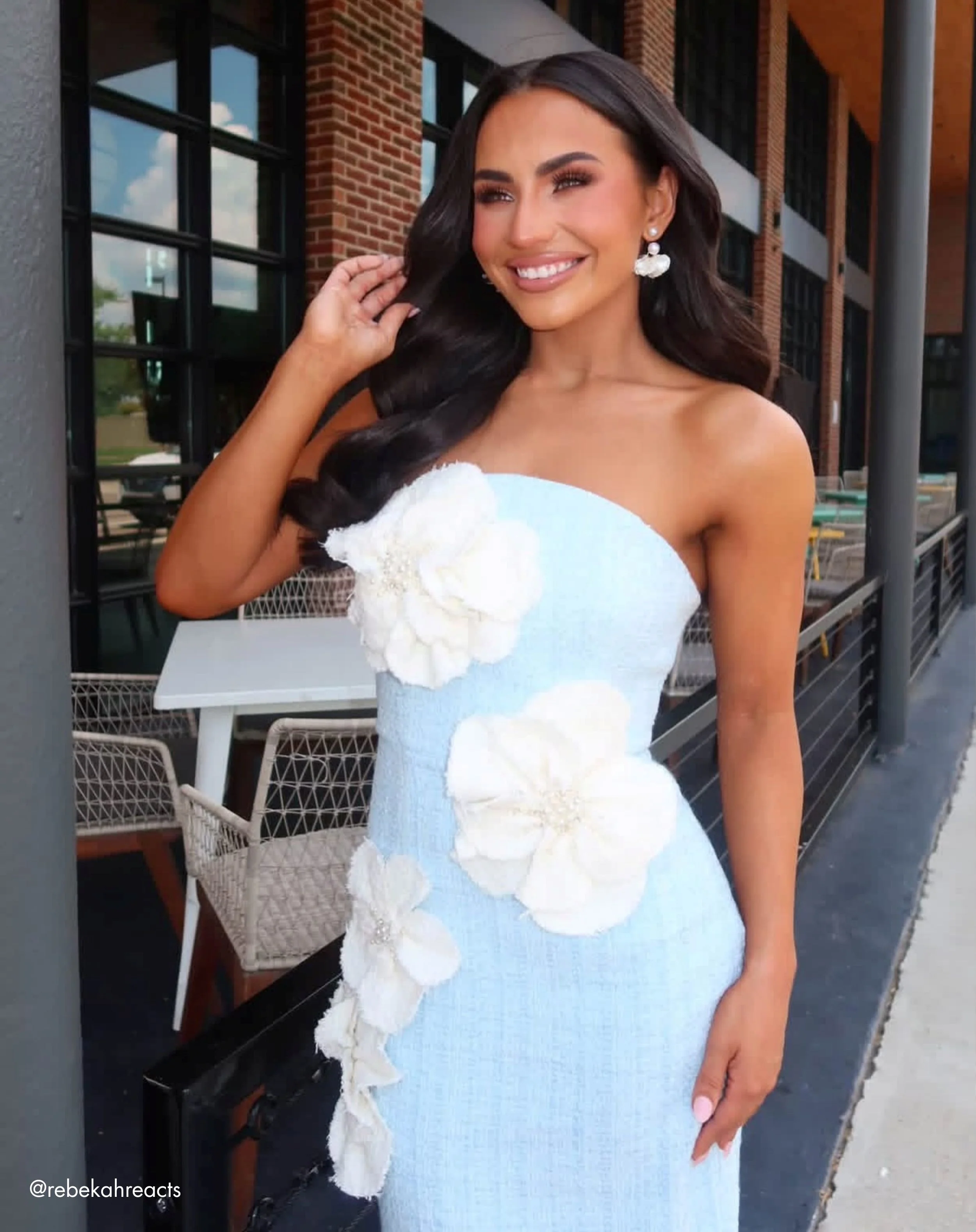 Blue Boucle Strapless 3D Floral Midi Dress - FASHION NOB