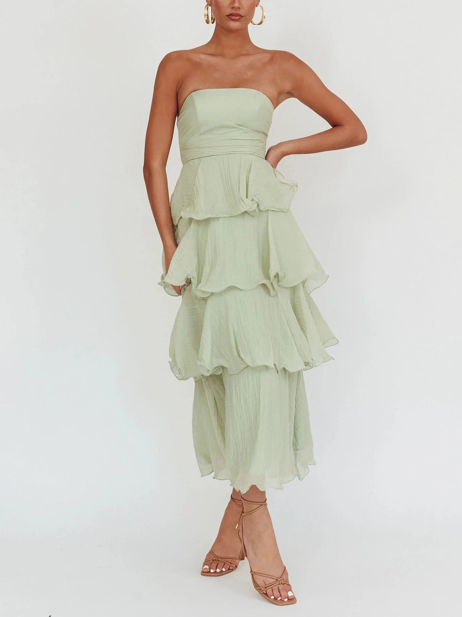 Light Green Strapless Tiered Midi Dress