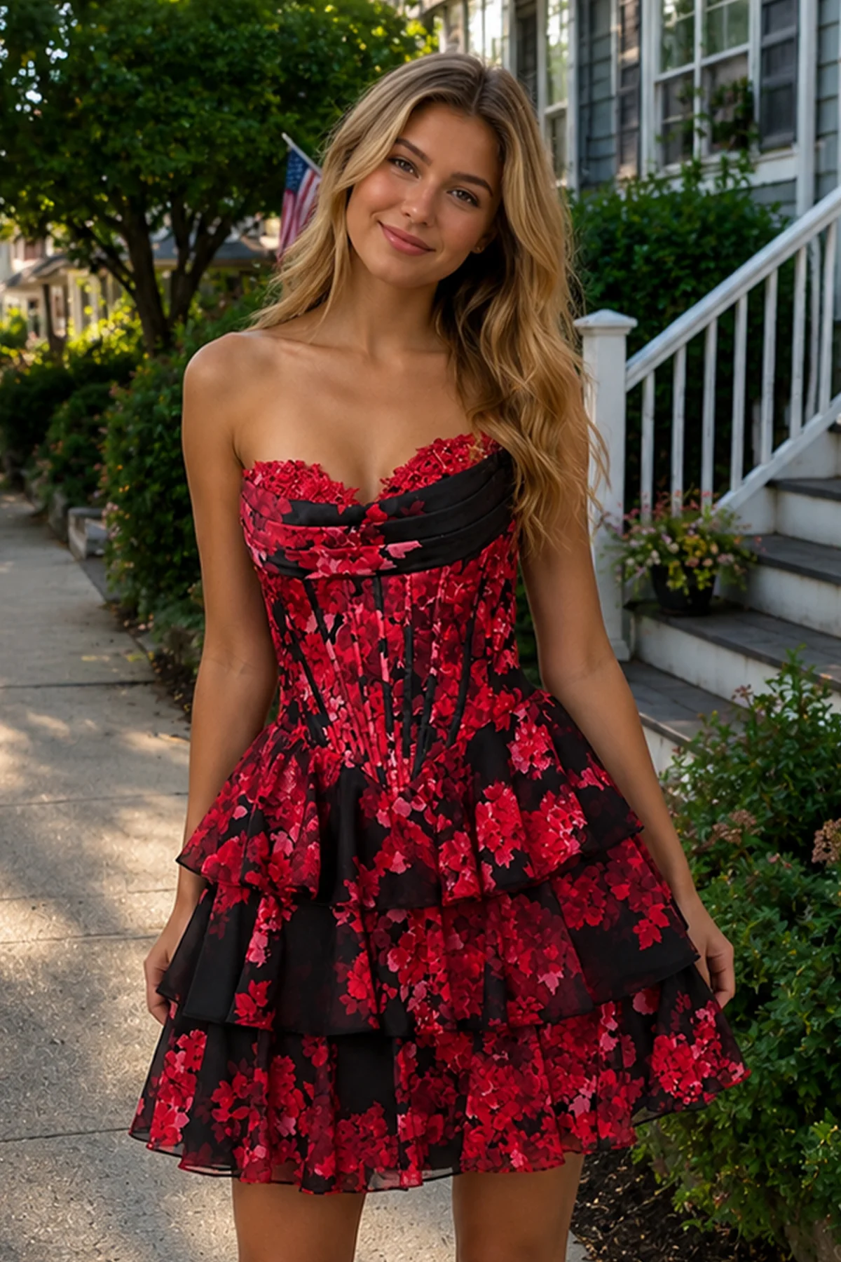 Red - Strapless Floral Chiffon A Line Corset Tiered Homecoming Dress With Appliques