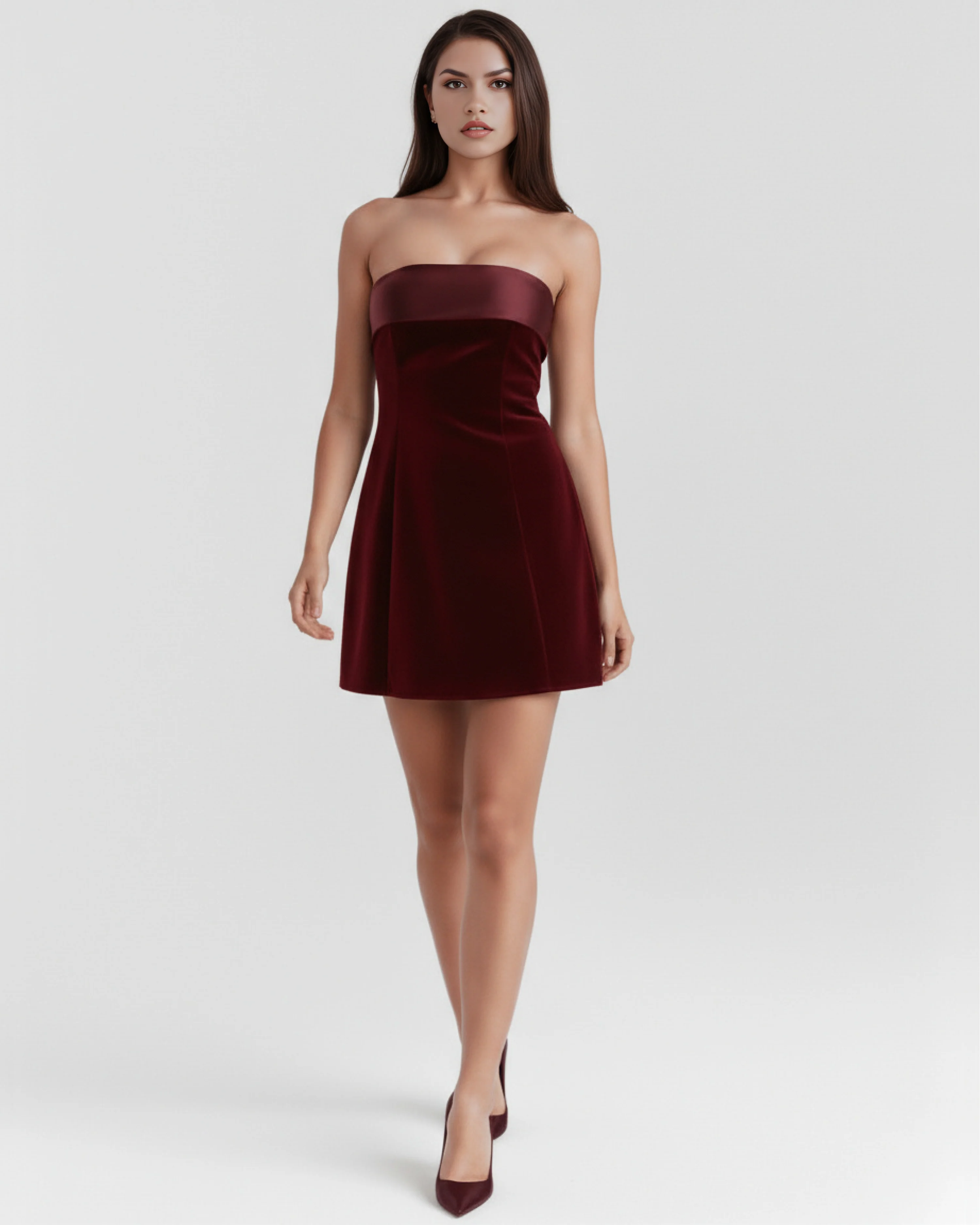 Bandeau Mini Dress with Fold Detail in Deep Burgundy