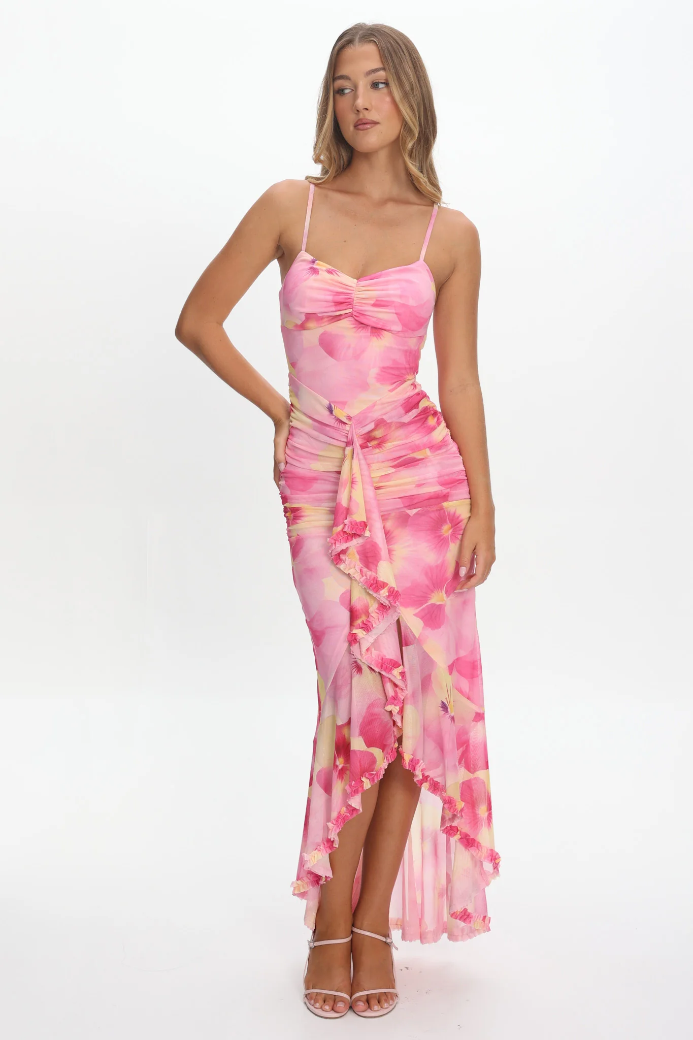 Kamilah Ruched Waist Ruffle Maxi Dress Print Pink