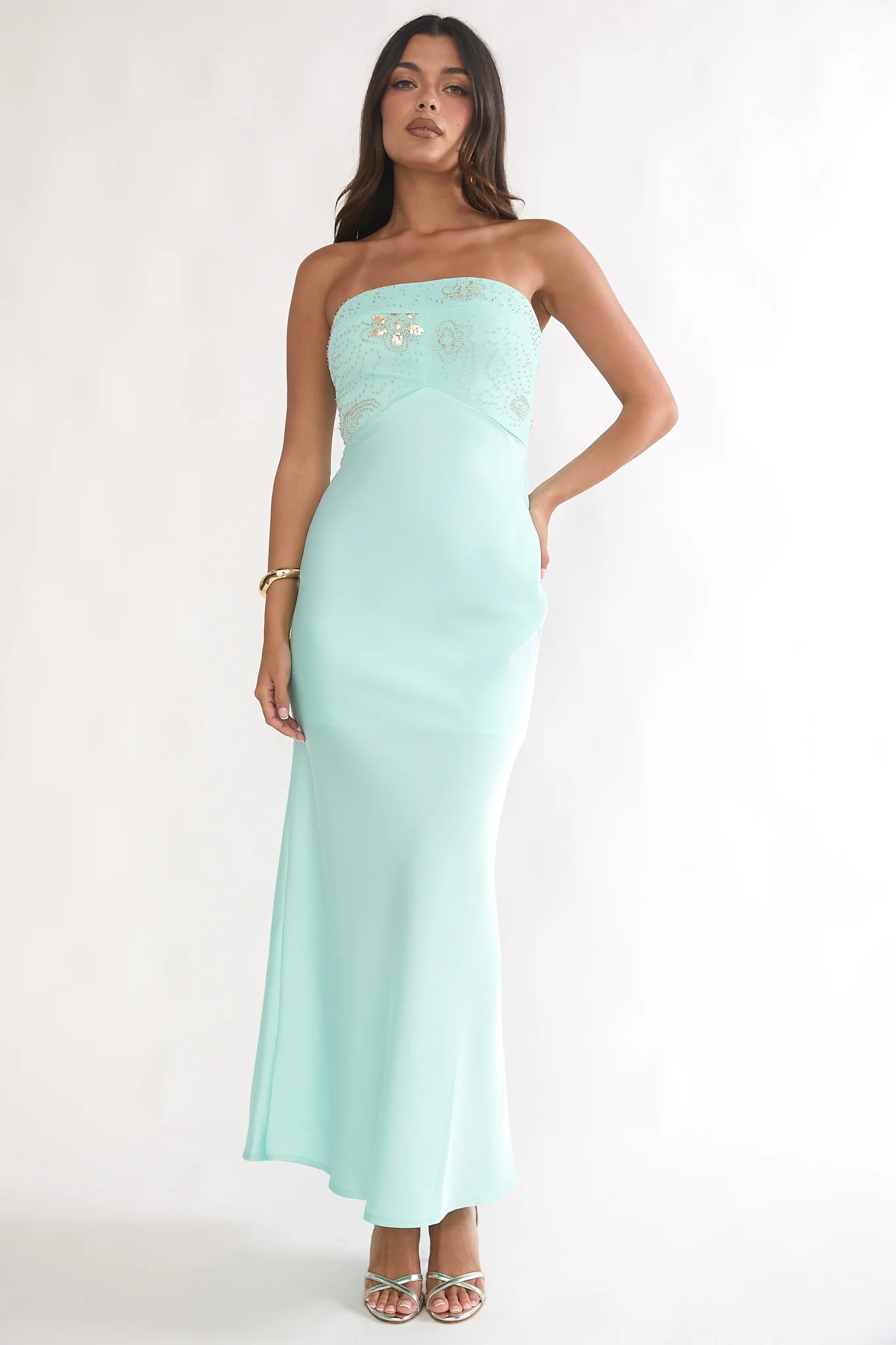 At Dusk Beaded Bust Strapless Maxi Dress Blue