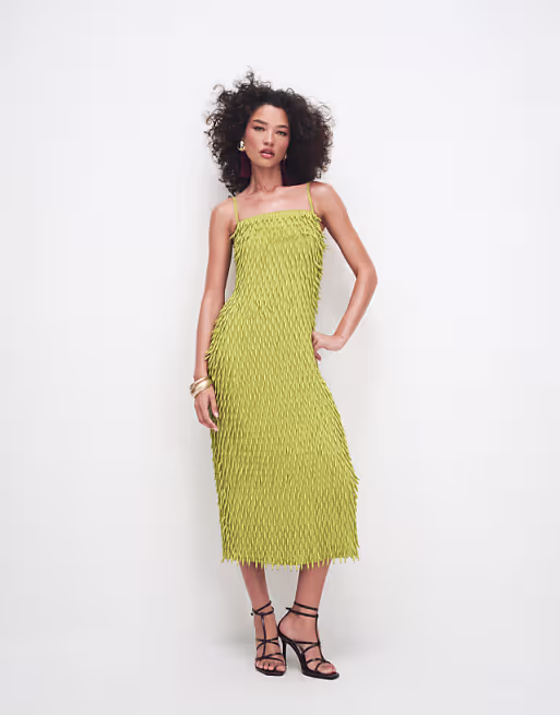 all over embellished cami midi dress in olive green