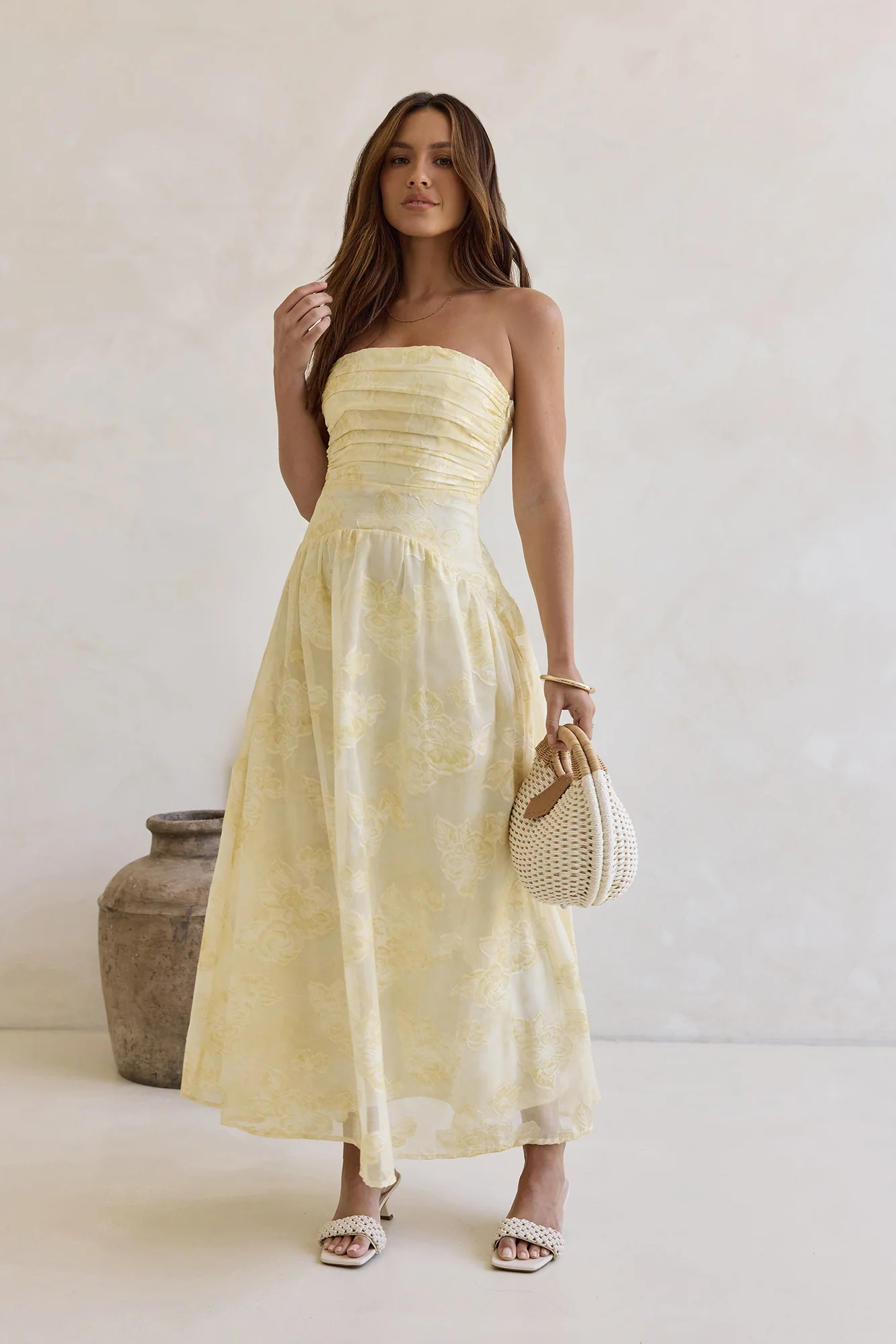 Cloud Kissed Paths Strapless Maxi Dress Yellow - luluinthesky