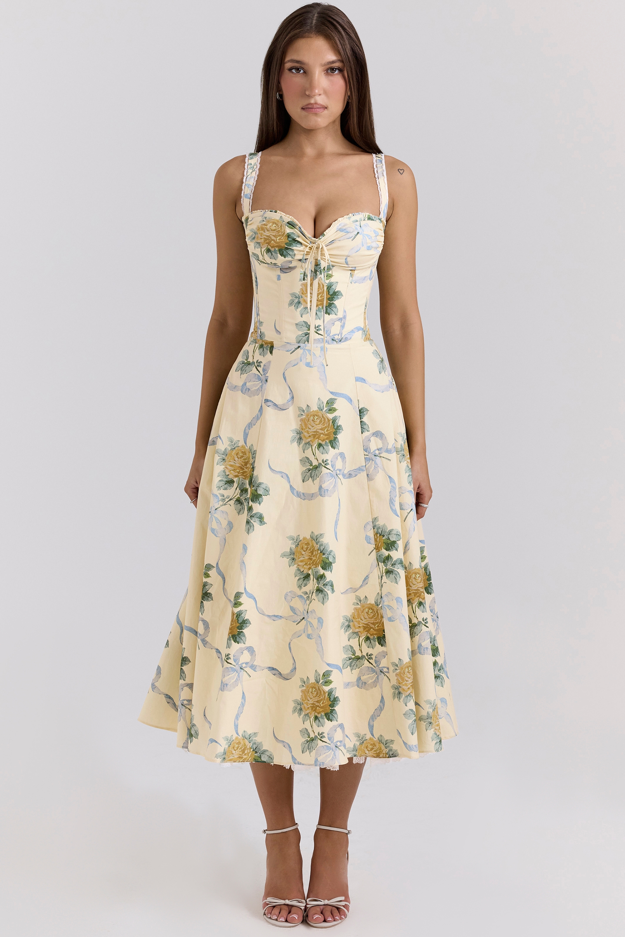 lemon vintage ribbon print cotton midi dress