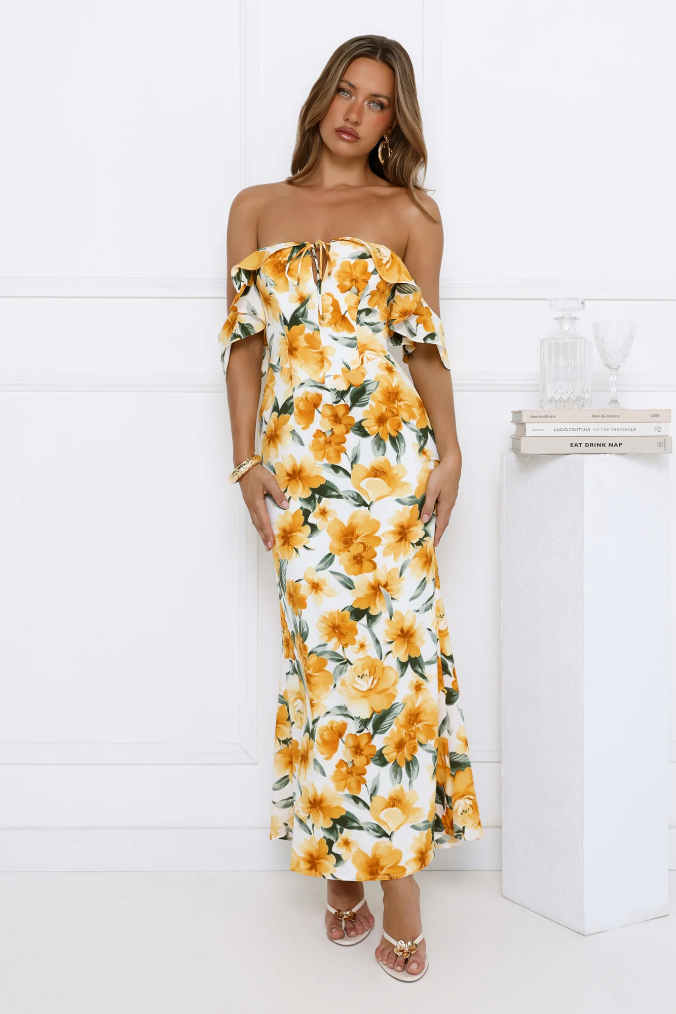 Sunflowers Off Shoulder Midi Dress Yellow